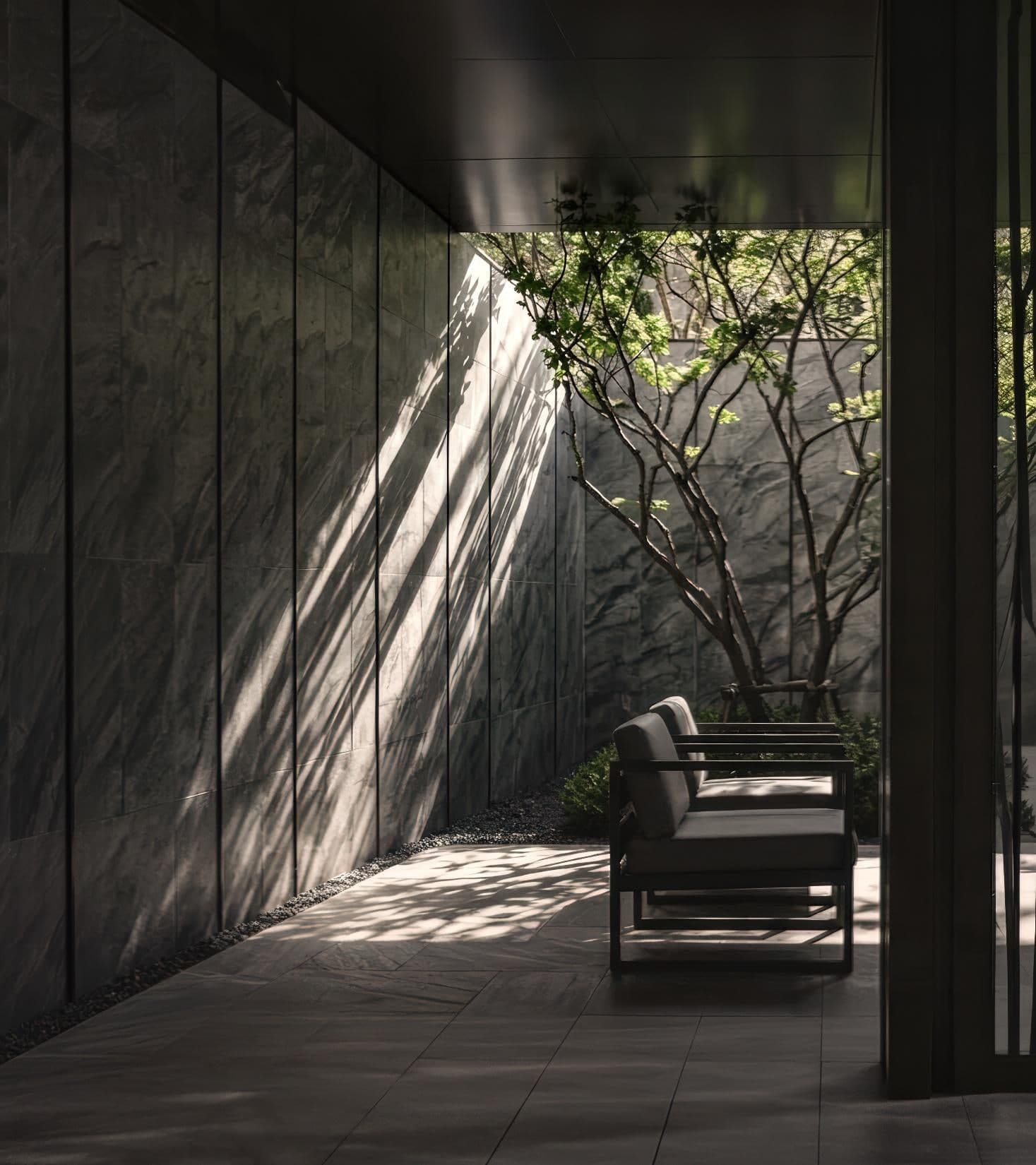 Stone, shadow and a single tree at the arrival