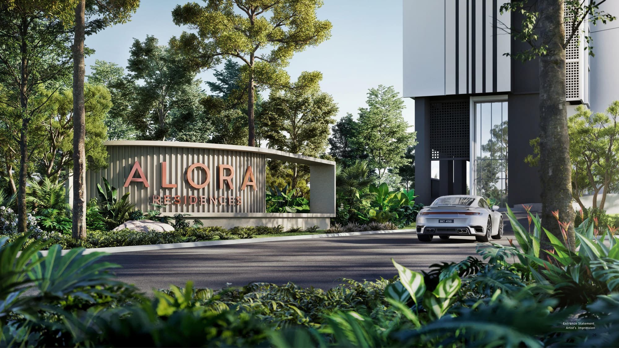 The Alora Residences entrance statement — the signage wall set into planted terraces at the arrival road