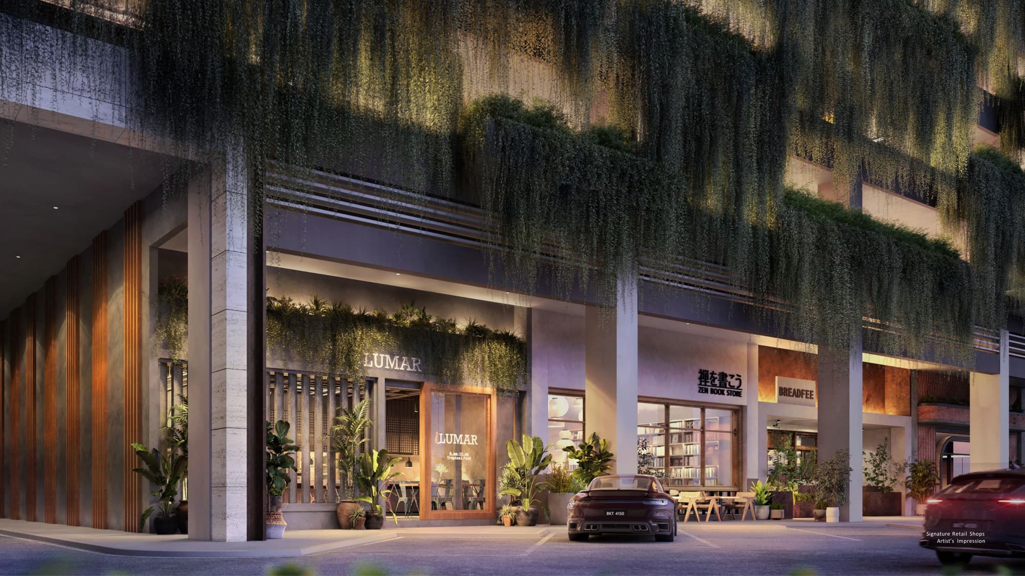 The eight signature retail shops at Level 1 of Alora Residences, with planted trellises above the shopfronts and parking bays in front