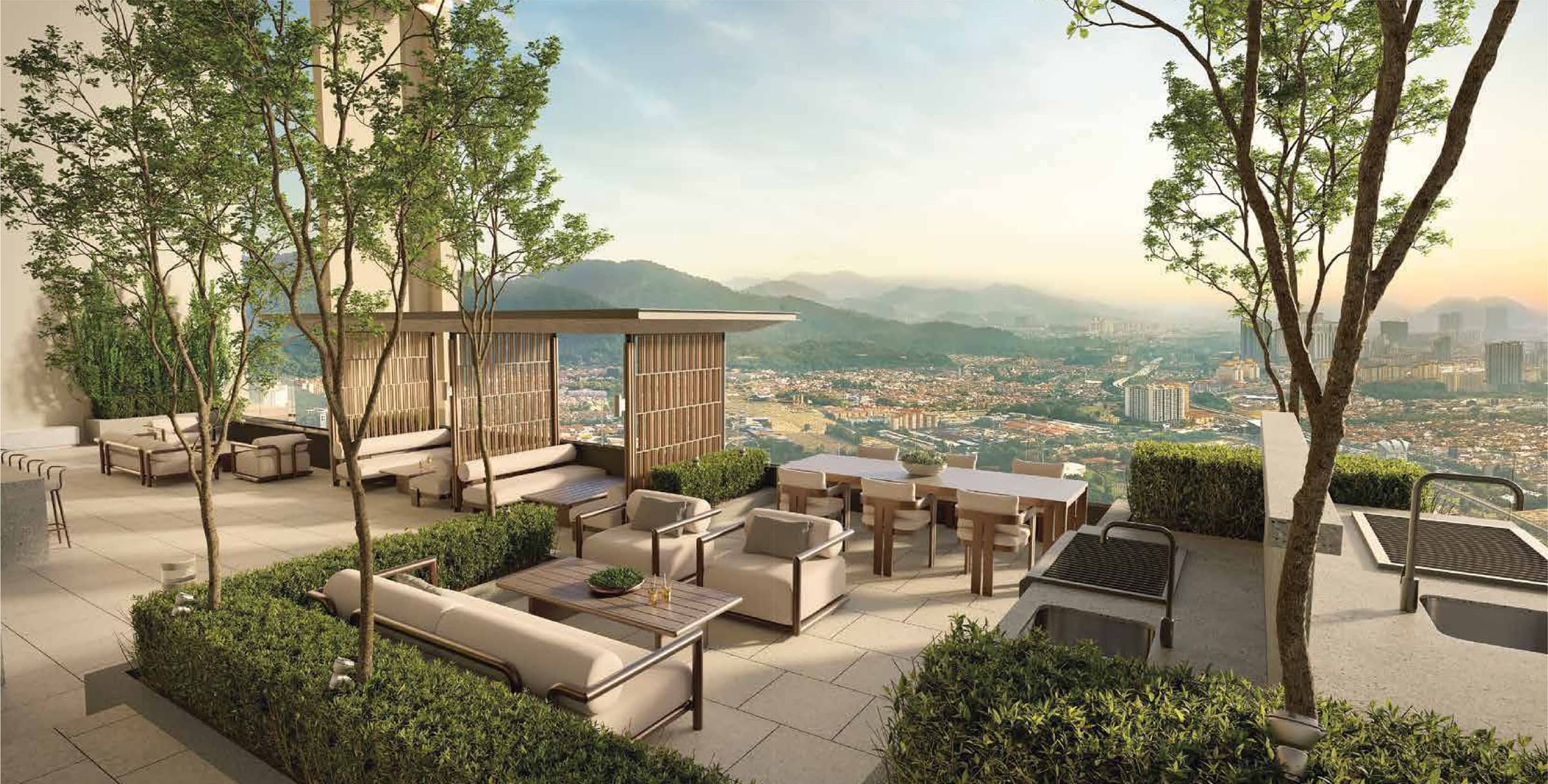 The Sky BBQ Lounge at Amaya Residences, with lounge seating, a dining table and BBQ counters above the city