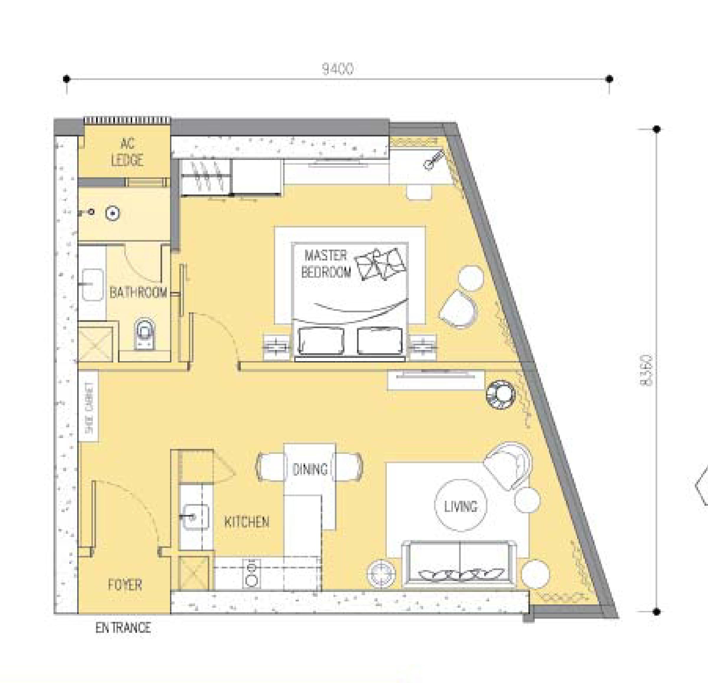 Ascott Star Residence Type A1 1 Bedroom floor plan — 700 / 711 sq ft, 1 bedroom · 1 bathroom
