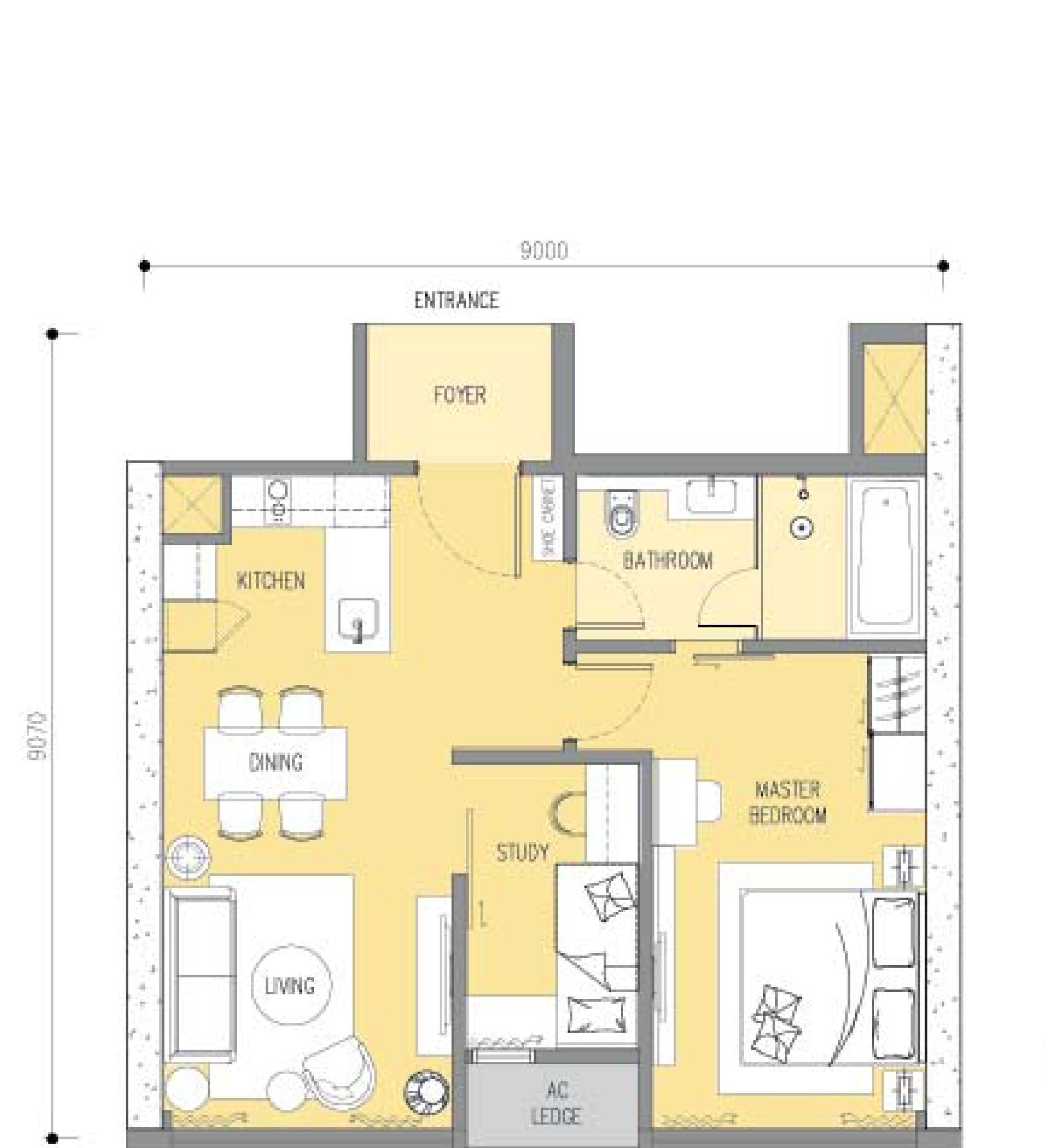 Ascott Star Residence Type B1 1+1 Bedrooms floor plan — 797 sq ft, 1+1 bedrooms · 1 bathroom