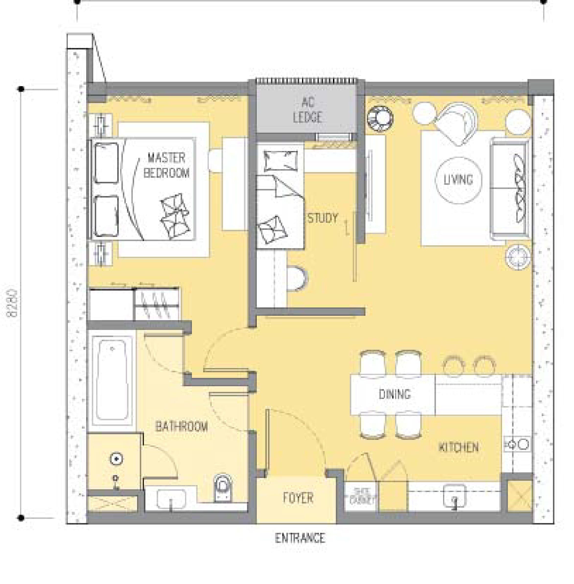 Ascott Star Residence Type B2 1+1 Bedrooms floor plan — 808 / 819 sq ft, 1+1 bedrooms · 1 bathroom