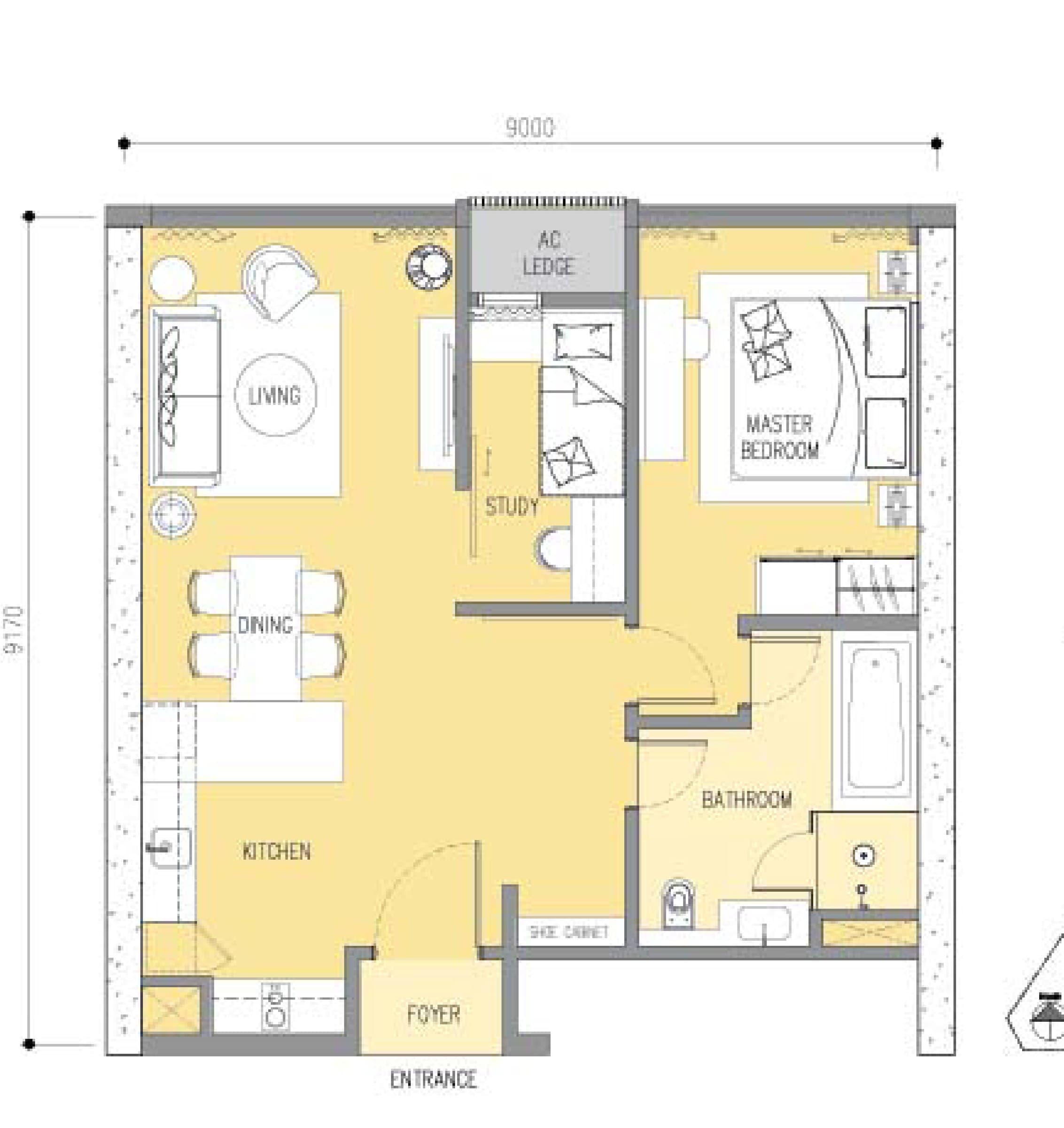 Ascott Star Residence Type B3 1+1 Bedrooms floor plan — 851 sq ft, 1+1 bedrooms · 1 bathroom