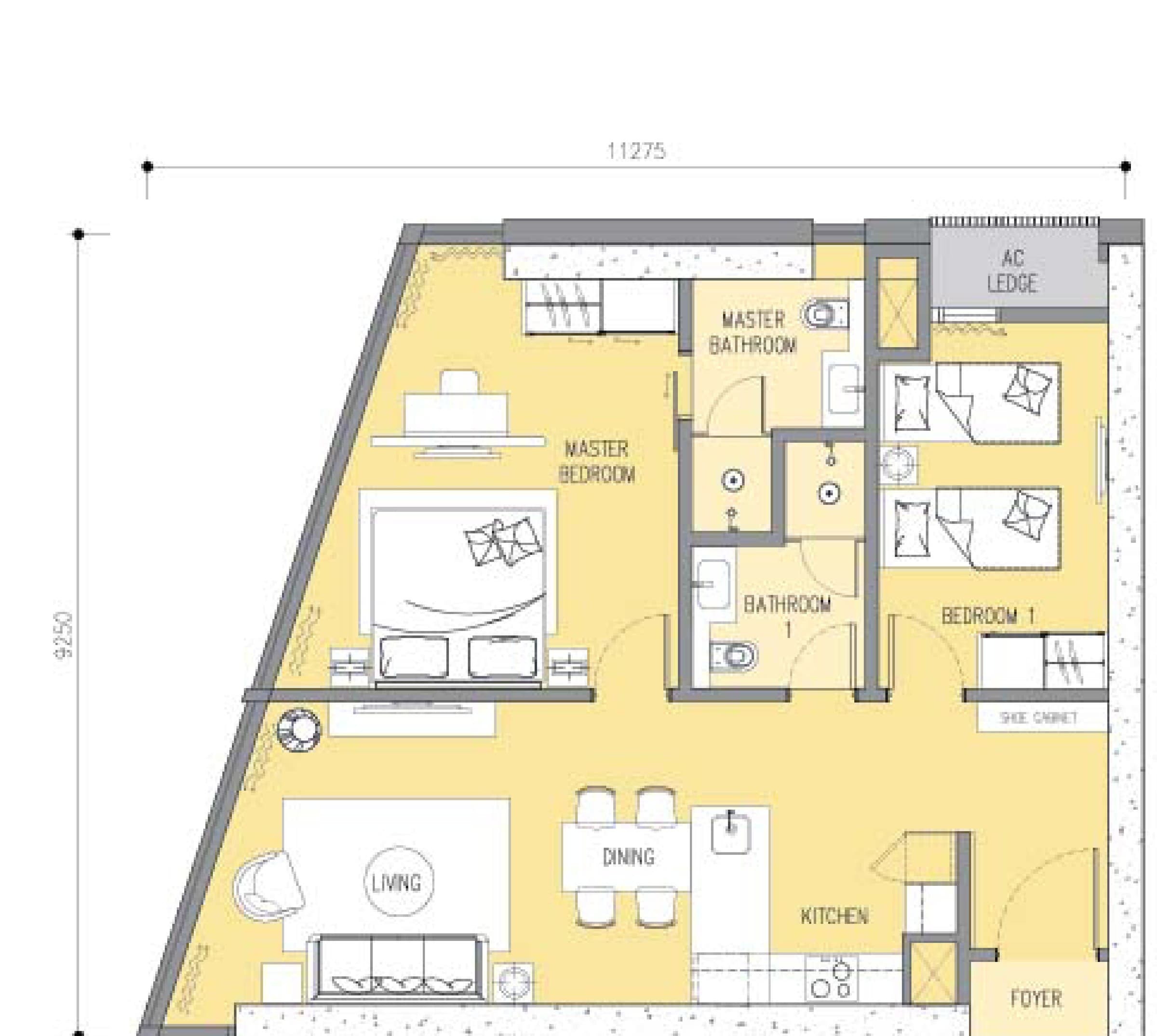 Ascott Star Residence Type C 2 Bedrooms floor plan — 937 – 959 sq ft, 2 bedrooms · 2 bathrooms