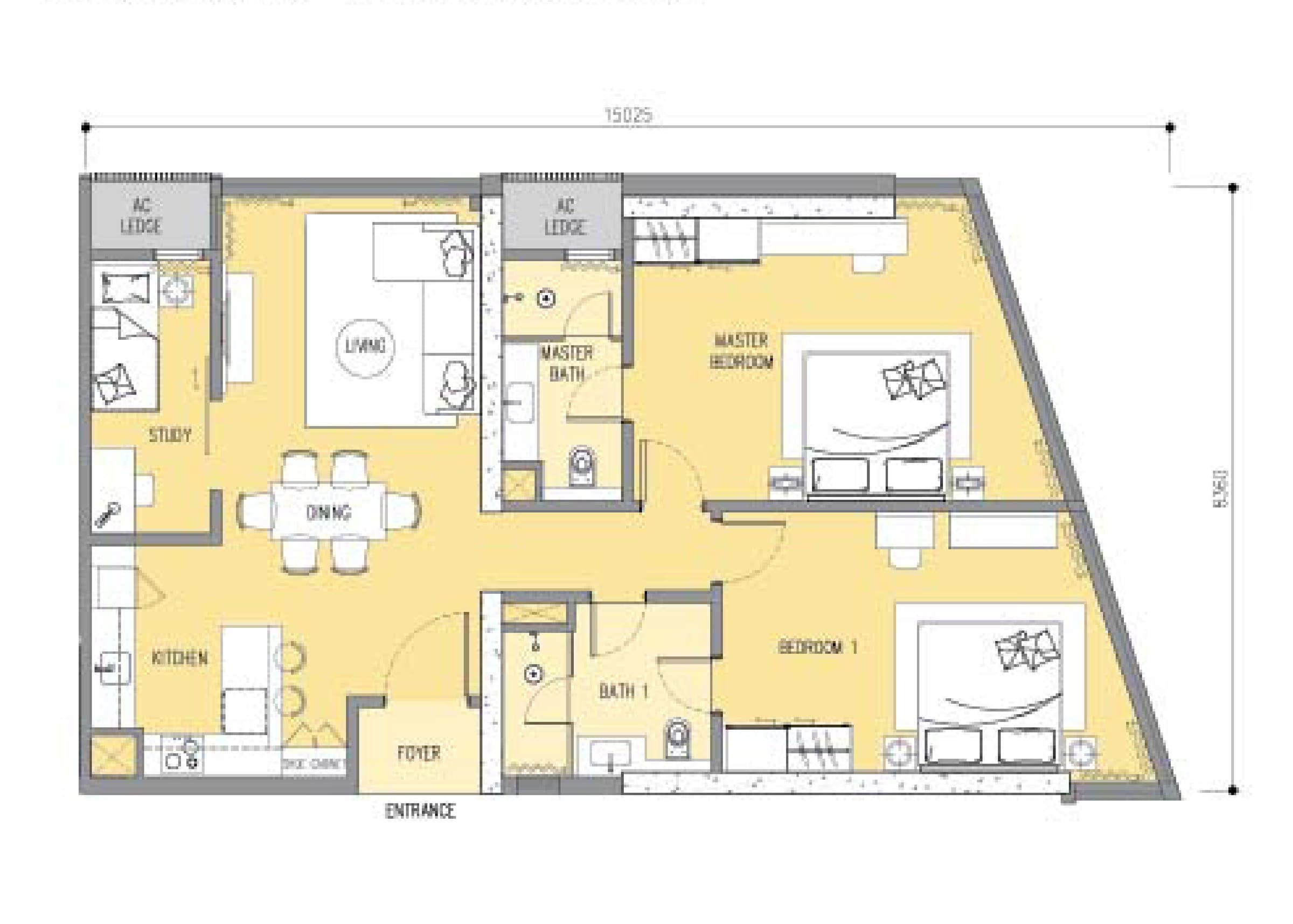 Ascott Star Residence Type D 2+1 Bedrooms floor plan — 1,206 sq ft, 2+1 bedrooms · 2 bathrooms