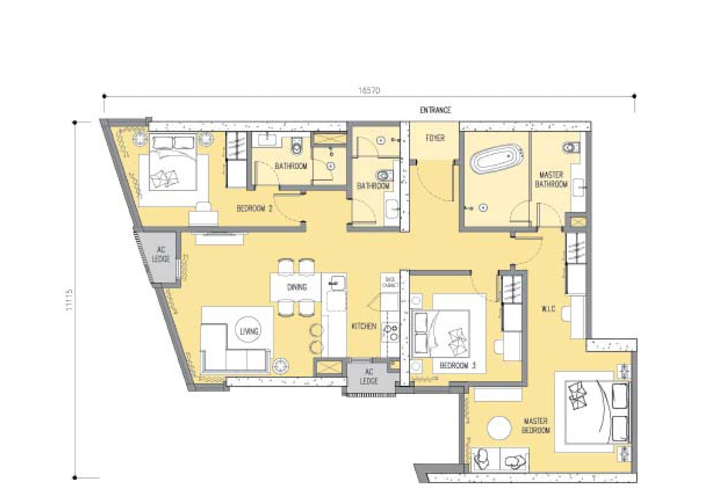 Ascott Star Residence Type E 3 Bedrooms floor plan — 1,400 sq ft, 3 bedrooms · 3 bathrooms