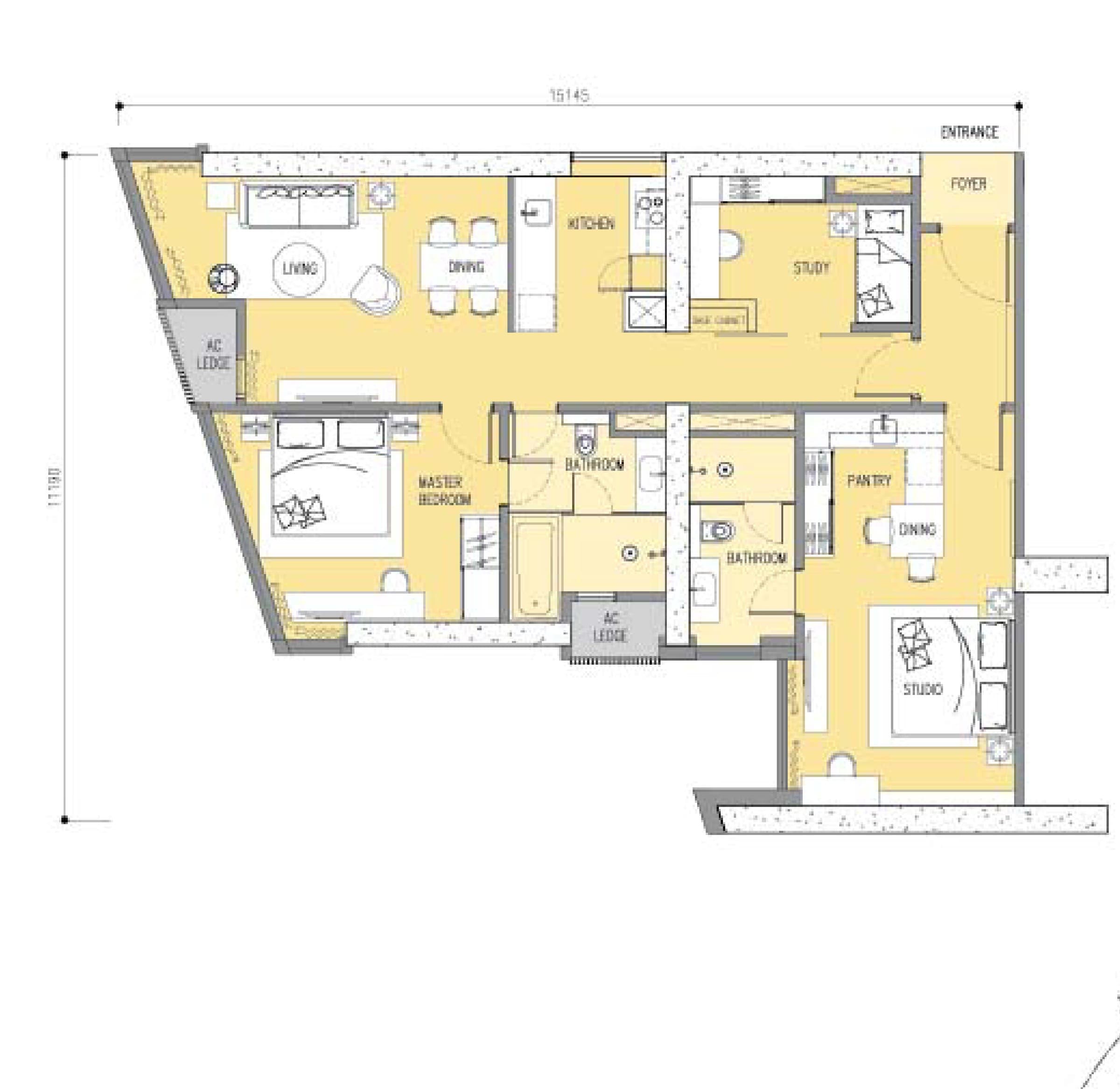 Ascott Star Residence Type E1 3 Bedrooms · Dual Key floor plan — 1,335 sq ft, 3 bedrooms · 3 bathrooms · dual key