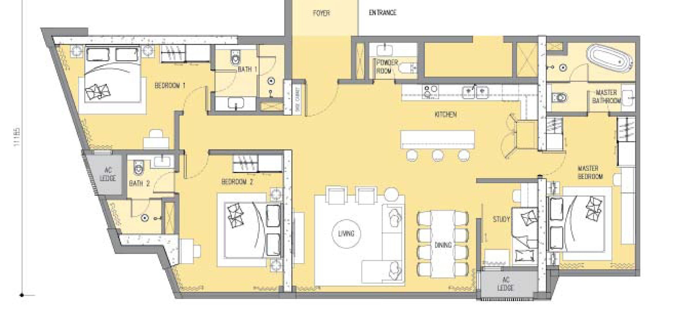 Ascott Star Residence Type F1 3+1 Bedrooms floor plan — 1,809 sq ft, 3+1 bedrooms · 4 bathrooms