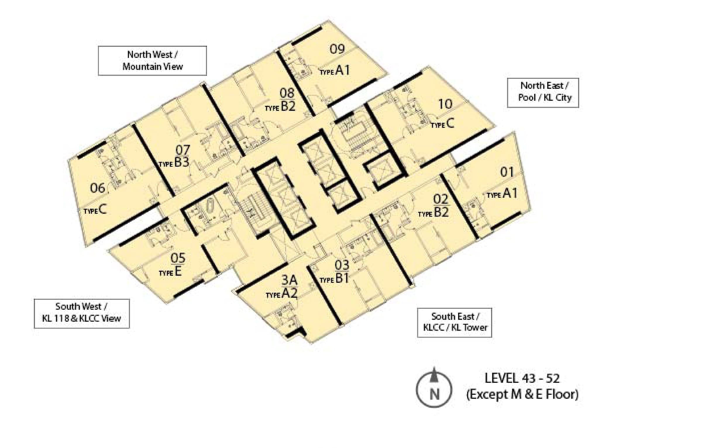 Ascott Star Residence floor plate, Levels 43 to 52 — the same ten-stack ring with Type A2 replacing the A3 at unit 3A and the 1,400 sq ft three-bedroom Type E replacing the dual-key at unit 05