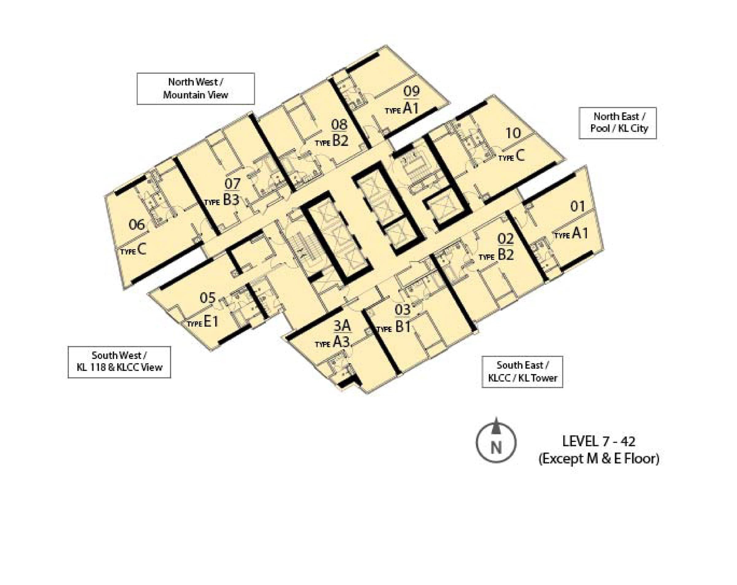 Ascott Star Residence typical floor plate, Levels 7 to 42 — ten homes around the central core: Type A1 at units 01 and 09, B2 at 02 and 08, B1 at 03, A3 at 3A, the dual-key E1 at 05, Type C at 06 and 10 and B3 at 07, with the pool and KL city to the north east and KLCC and KL Tower to the south east