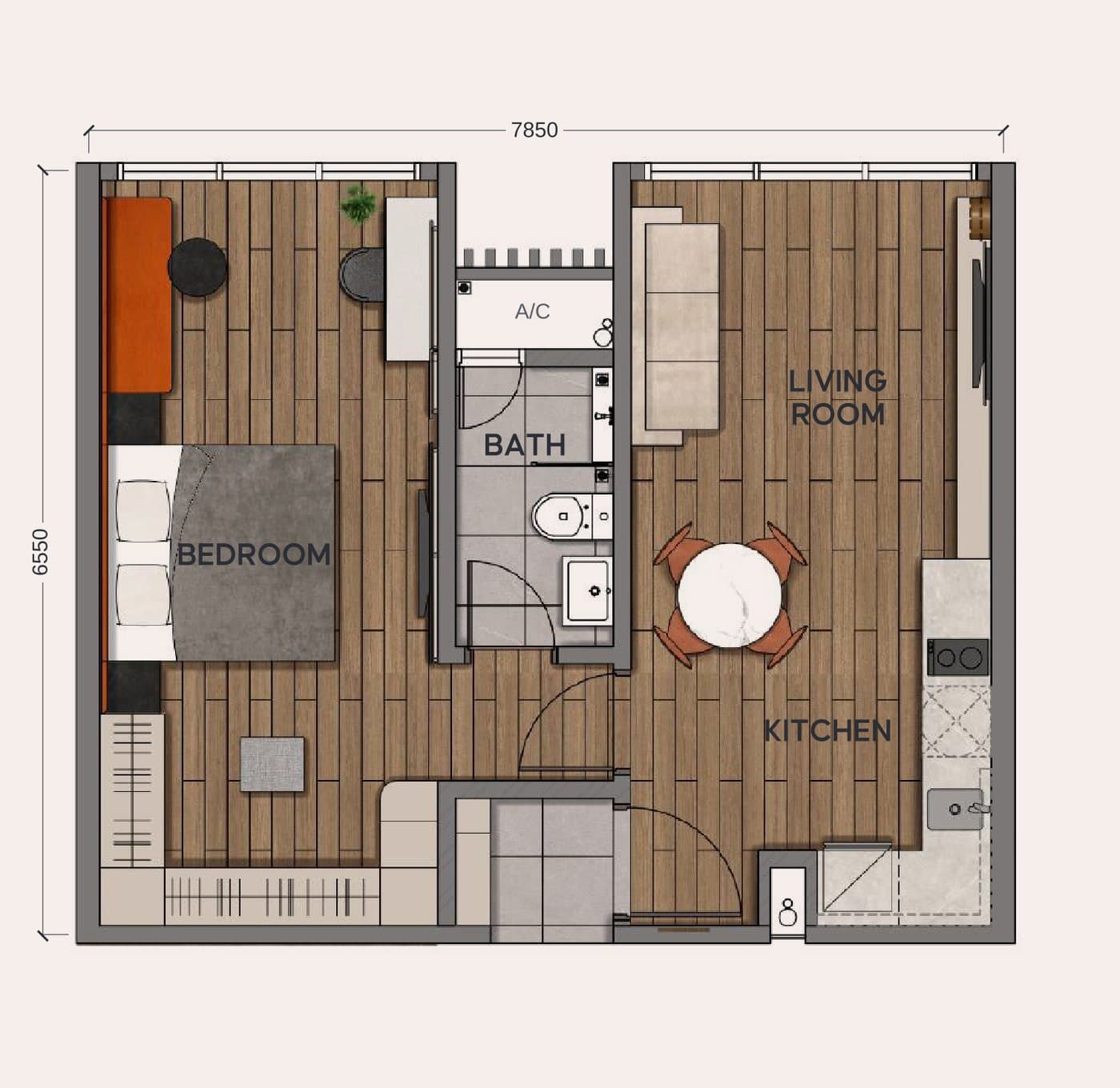 Aurum Suites Type A floor plan — 527 sq ft, 1 bedroom · 1 bathroom