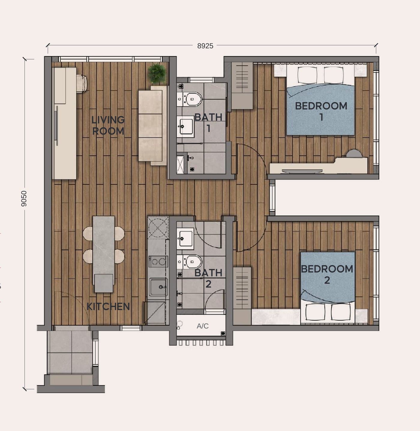 Aurum Suites Type B floor plan — 679 sq ft, 2 bedrooms · 2 bathrooms