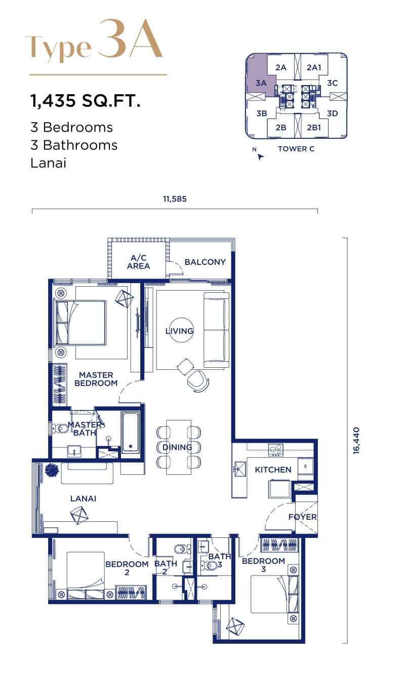 Talisa @ Bangsar Hill Park Type 3A floor plan — 1,435 sq ft, 3 bedrooms · 3 bathrooms · lanai, Towers B & C