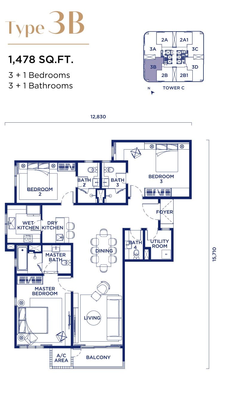 Talisa @ Bangsar Hill Park Type 3B floor plan — 1,478 sq ft, 3 + 1 bedrooms · 3 + 1 bathrooms, Towers B & C