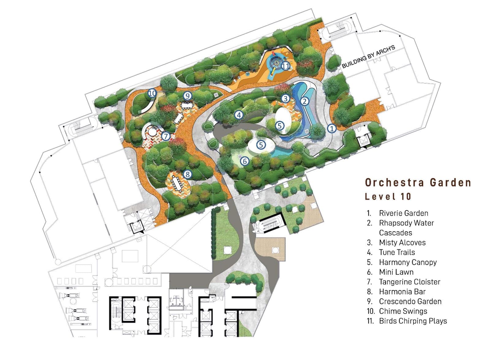 Orchestra Garden site plan at Level 10, with the eleven facility zones numbered — Reverie Garden, Rhapsody Water Cascades, Tune Trails, Harmony Canopy and the Birds Chirping playground