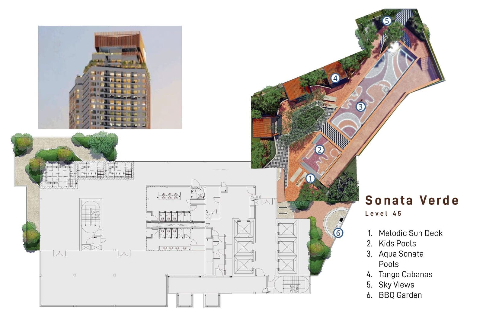 Sonata Verde site plan at Level 45, with the Melodic Sun Deck, kids' pools, Aqua Sonata pools, Tango Cabanas, sky views and BBQ garden numbered