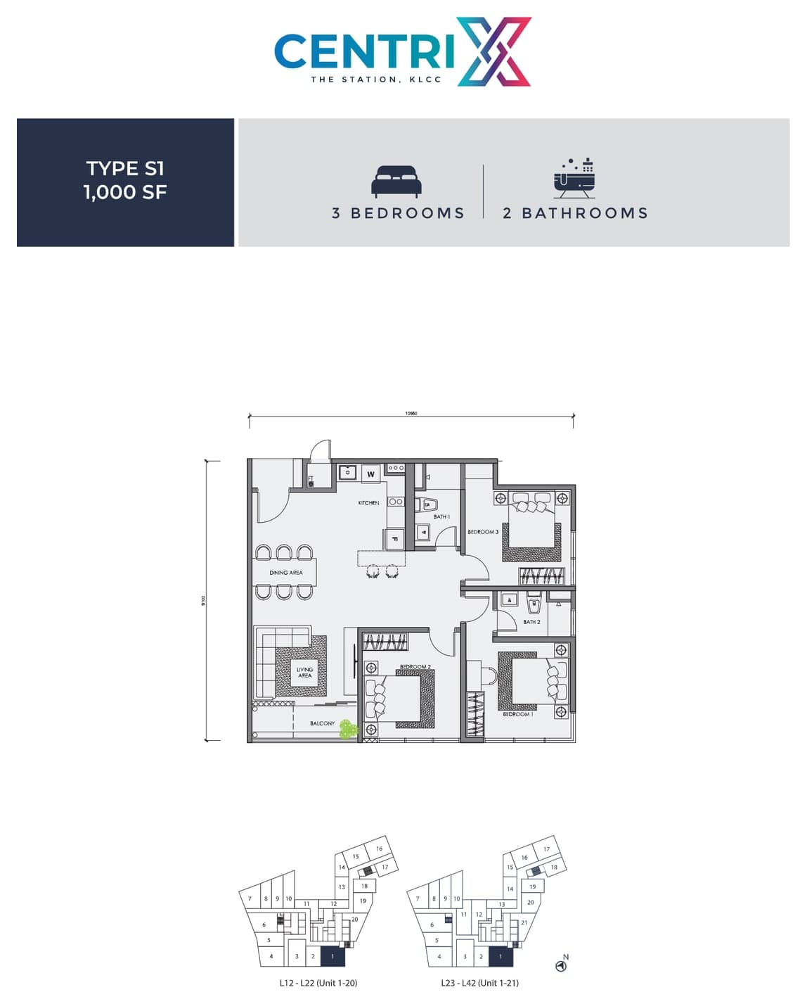 Centrix The Station KLCC Type S1 floor plan — 1,000 sq ft, 3 bedrooms · 2 bathrooms