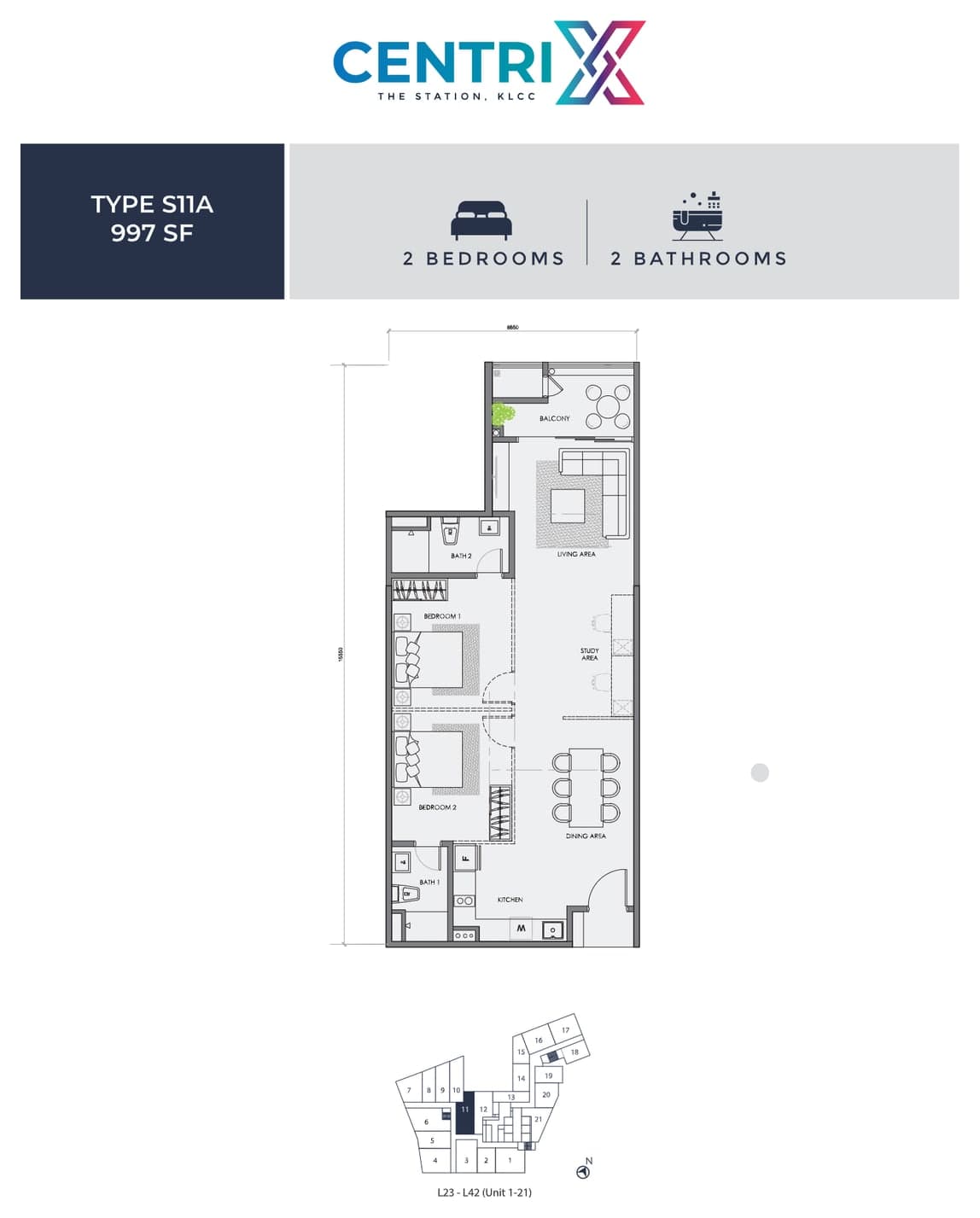 Centrix The Station KLCC Type S11A floor plan — 997 sq ft, 2 bedrooms · 2 bathrooms