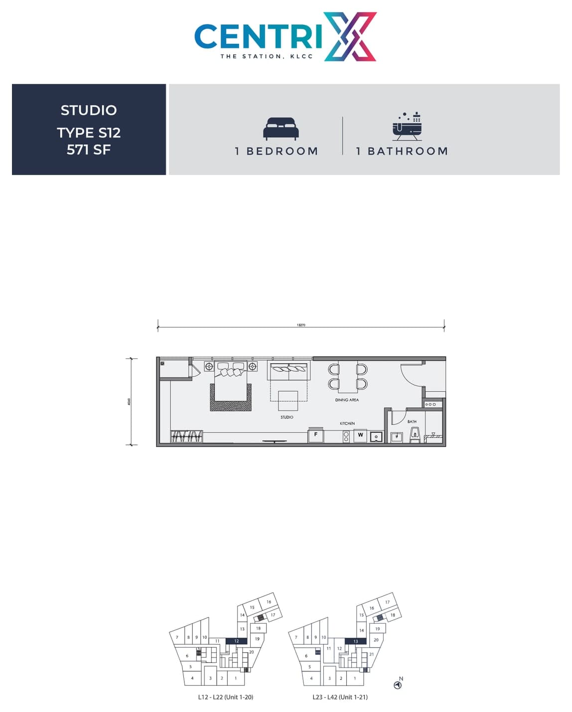Centrix The Station KLCC Type S12 floor plan — 571 sq ft, 1 bedroom · 1 bathroom