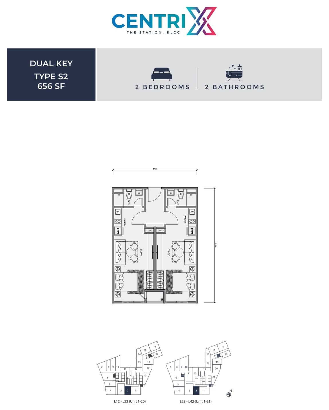 Centrix The Station KLCC Type S2 floor plan — 656 sq ft, 2 bedrooms · 2 bathrooms