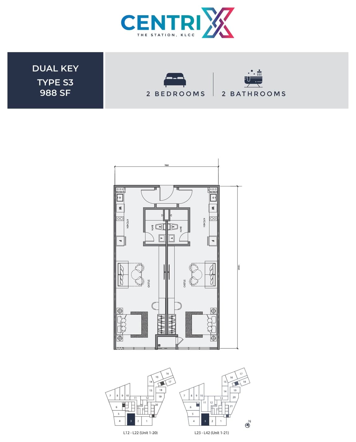 Centrix The Station KLCC Type S3 floor plan — 988 sq ft, 2 bedrooms · 2 bathrooms