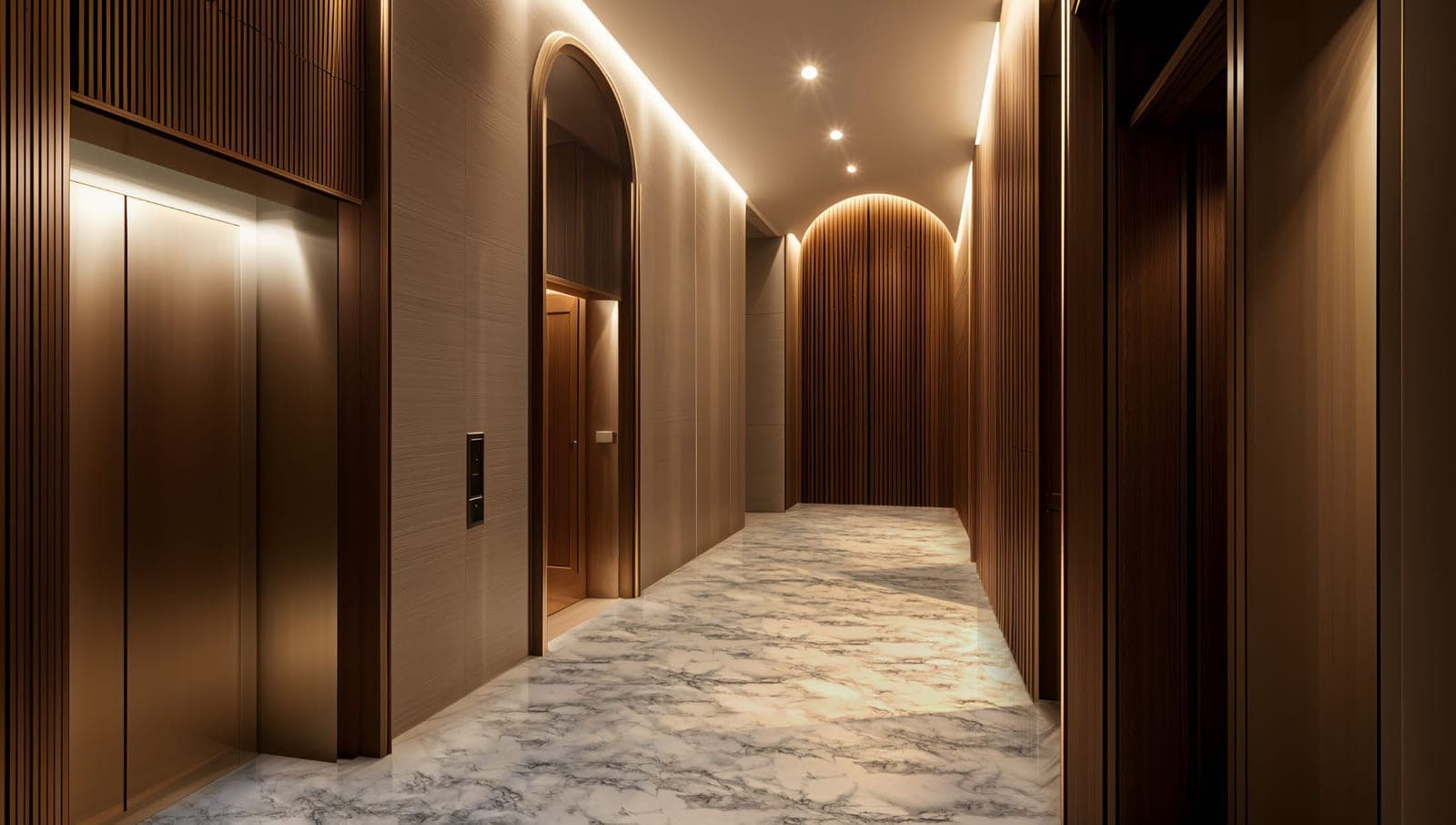 An arched residential lift lobby at Centrix, lined in fluted timber