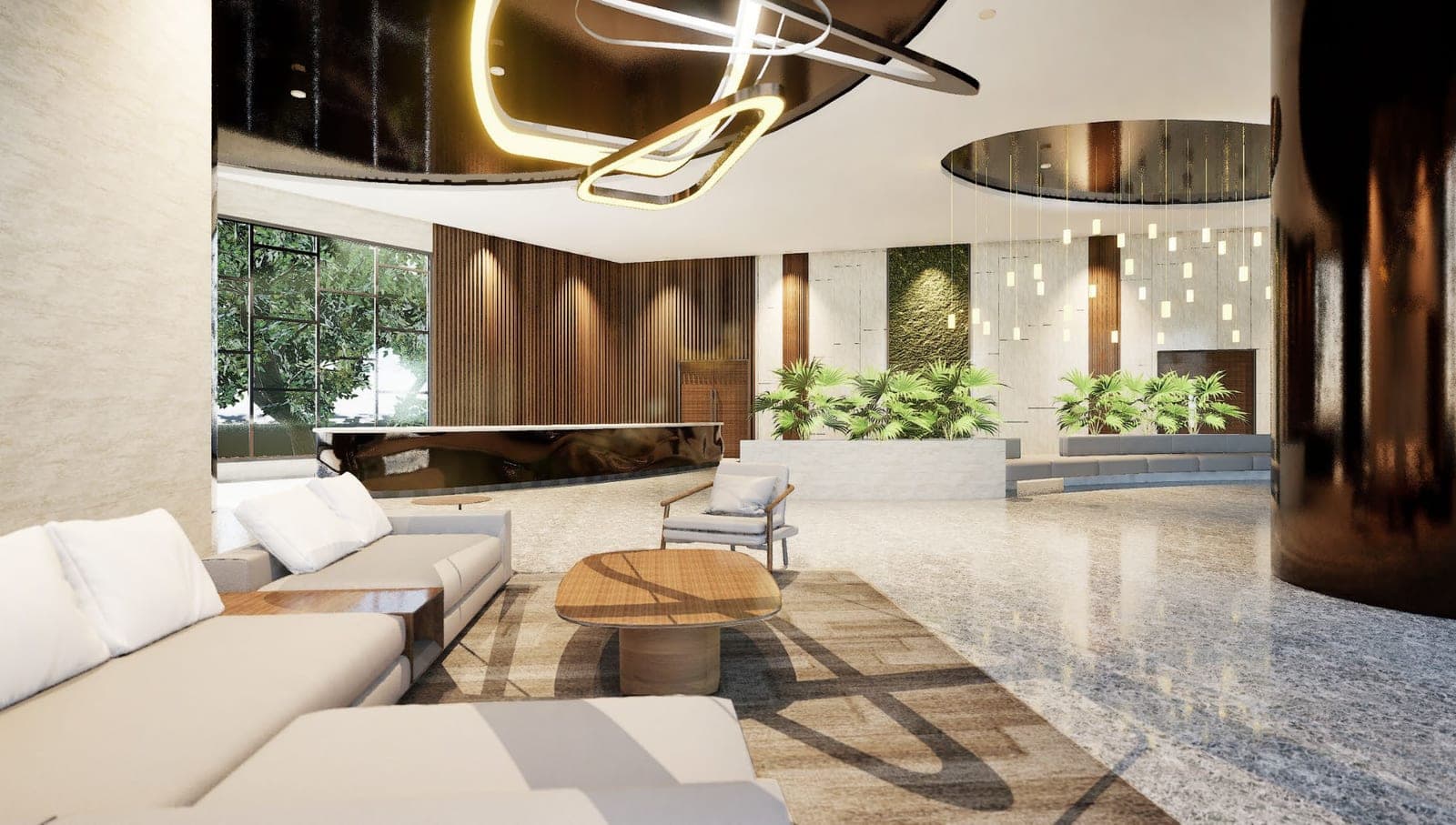 The grand lobby at Centrix, in stone, timber and brass with a planted feature wall