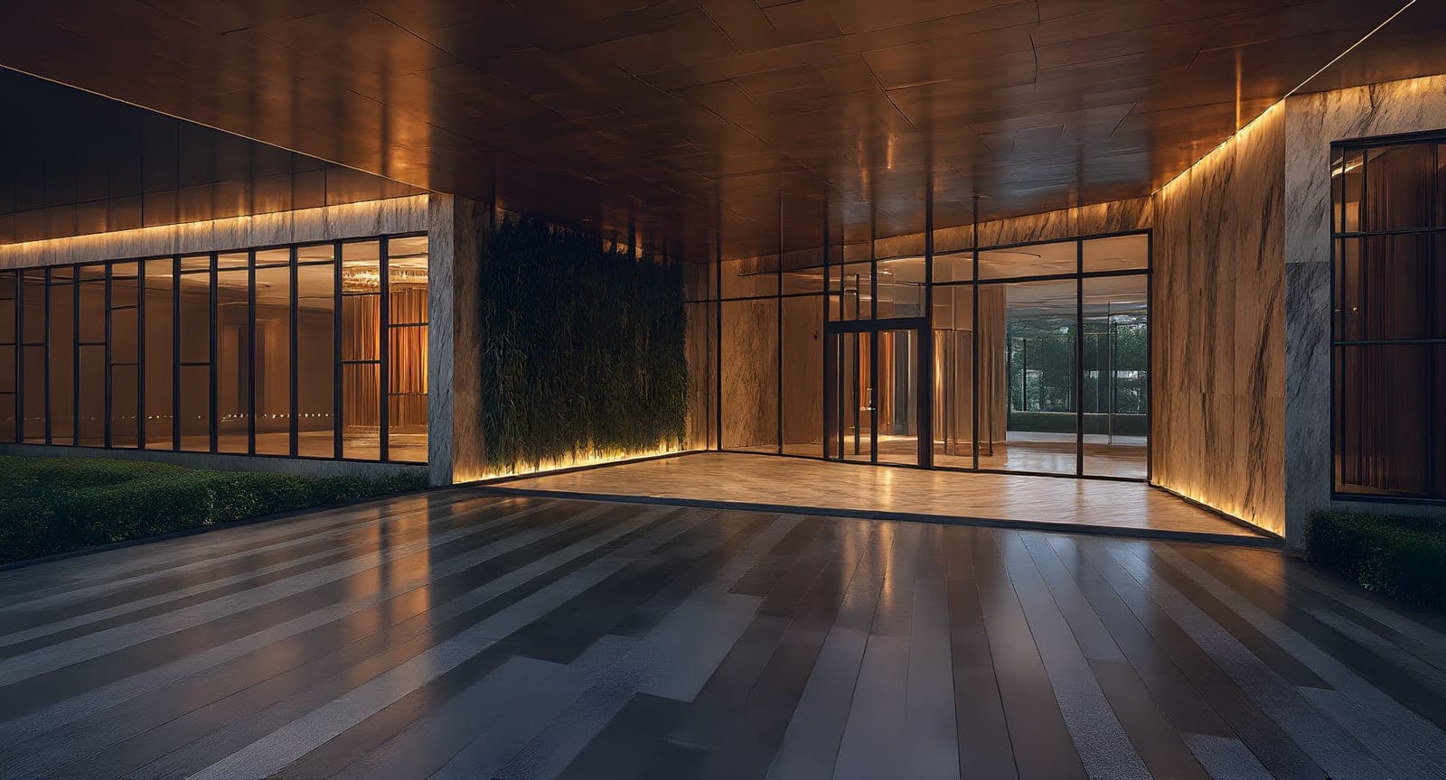 The porte-cochère on Jalan Ampang, in timber and warm light