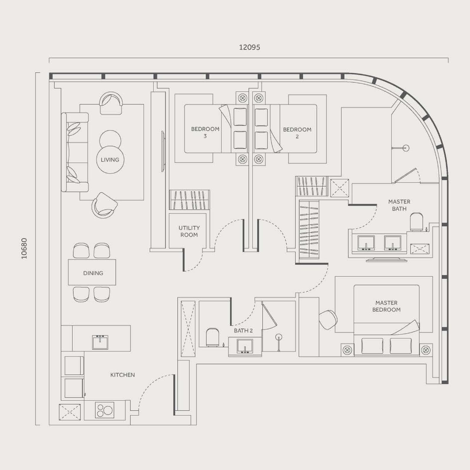 CloutHaus Residences Type A 3 Bedrooms floor plan — 1,216 sq ft, 3 bedrooms · 2 bathrooms · utility room
