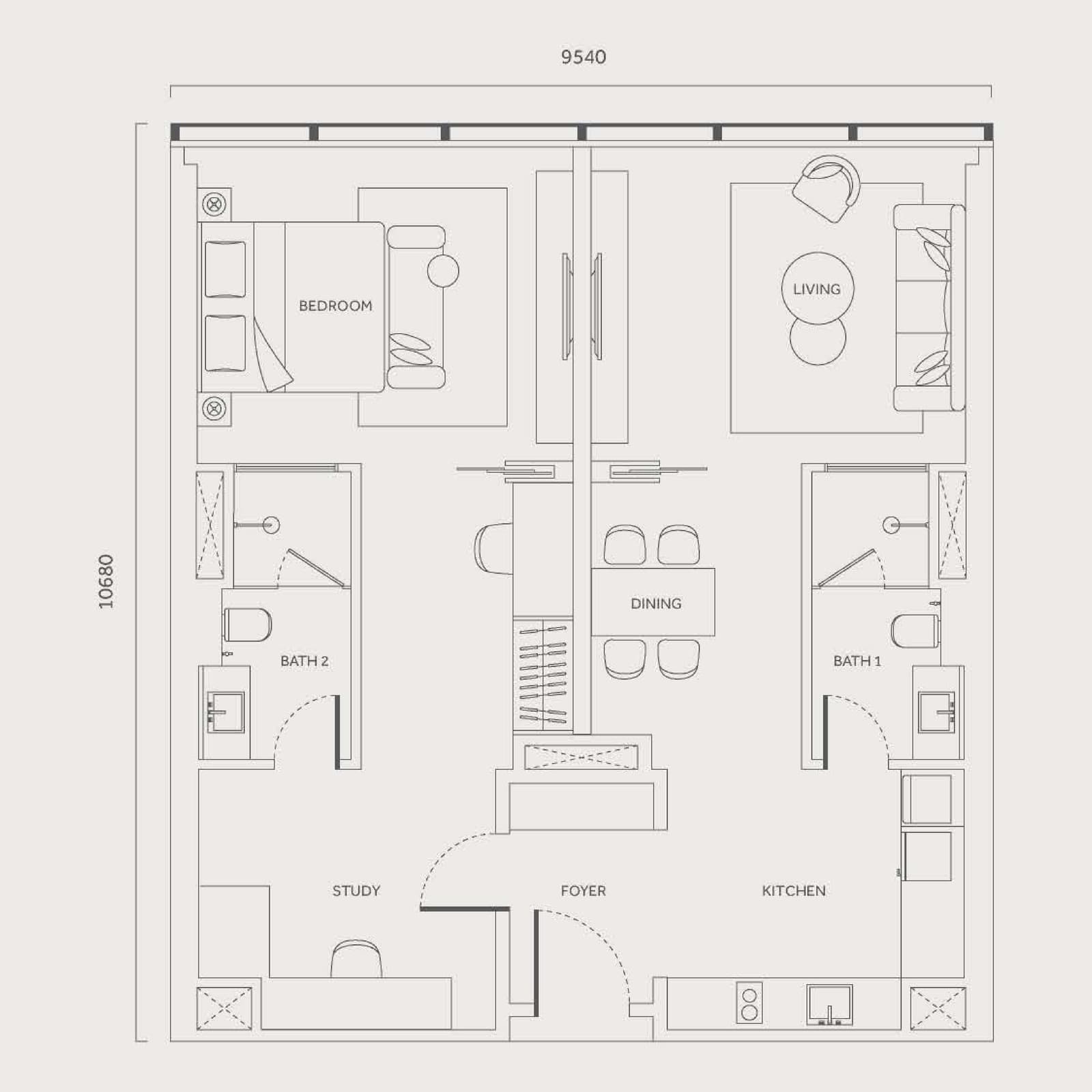 CloutHaus Residences Type B 1 Bedroom · Dual Aspect floor plan — 1,098 sq ft, 1 bedroom · 2 bathrooms