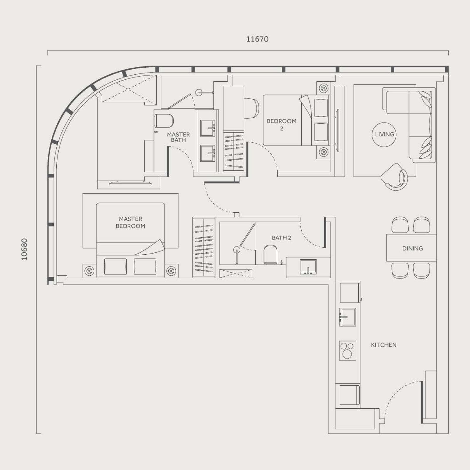 CloutHaus Residences Type G 2 Bedrooms · Corner floor plan — 904 sq ft, 2 bedrooms · 2 bathrooms