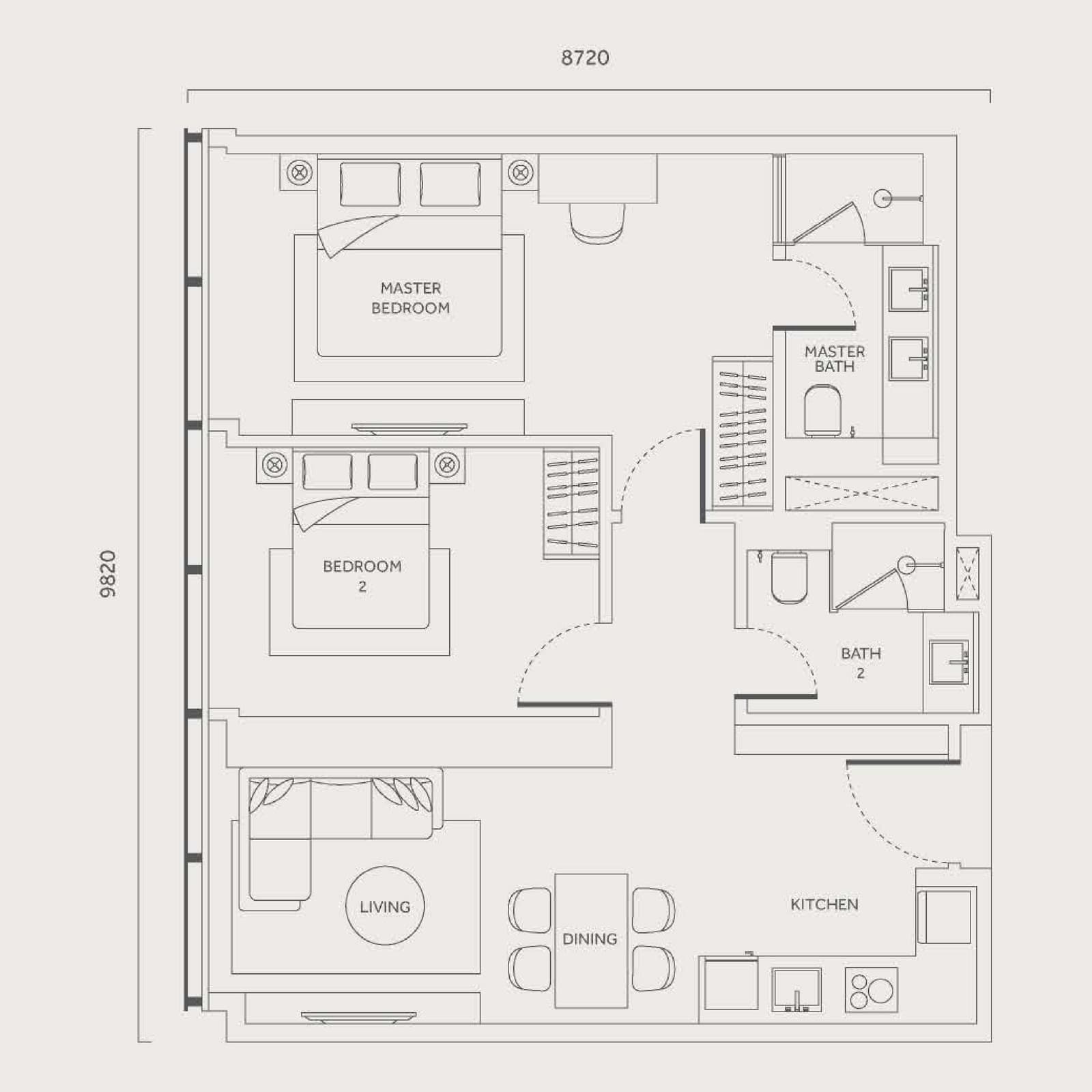 CloutHaus Residences Type H 2 Bedrooms floor plan — 904 sq ft, 2 bedrooms · 2 bathrooms