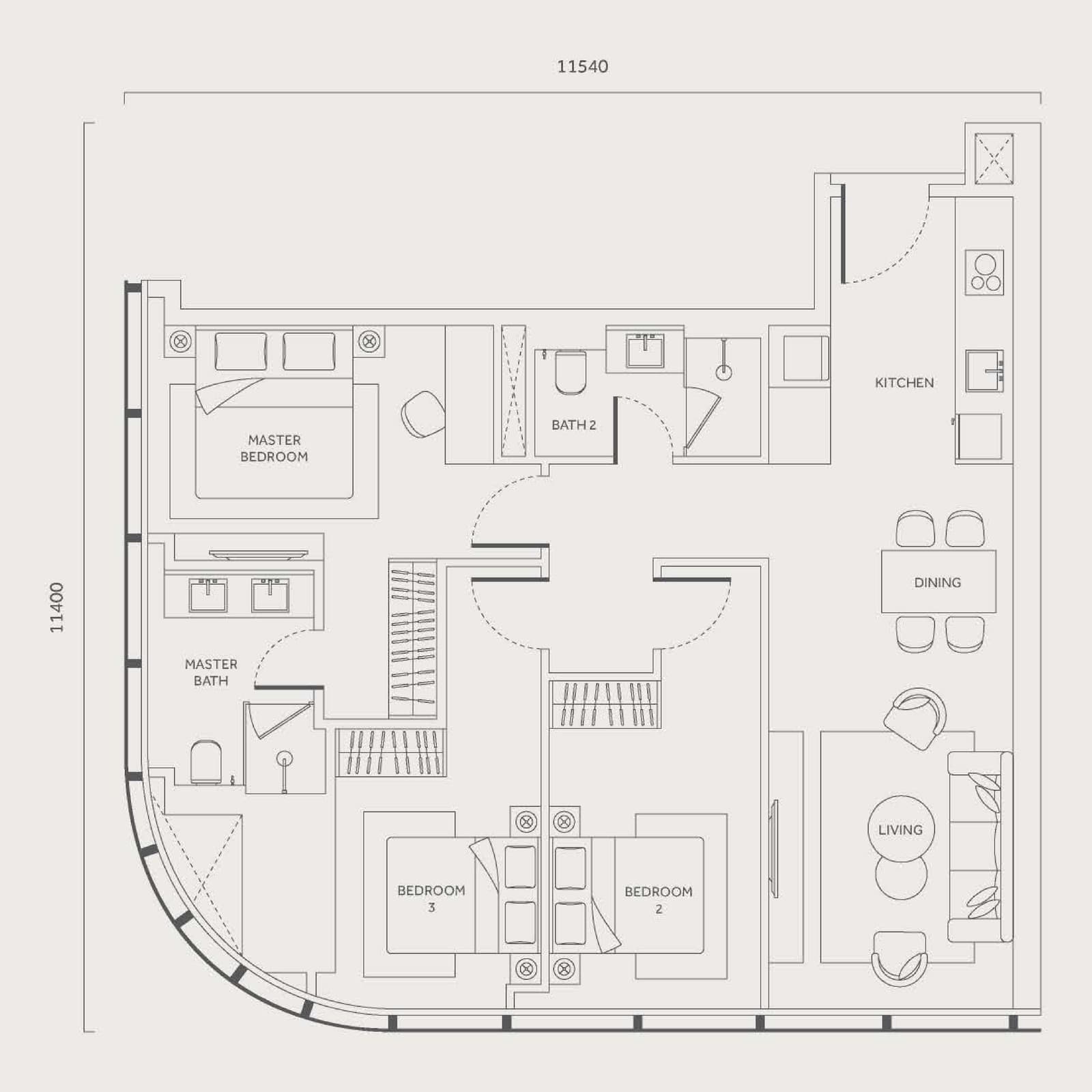 CloutHaus Residences Type I 3 Bedrooms · Corner floor plan — 1,119 sq ft, 3 bedrooms · 2 bathrooms