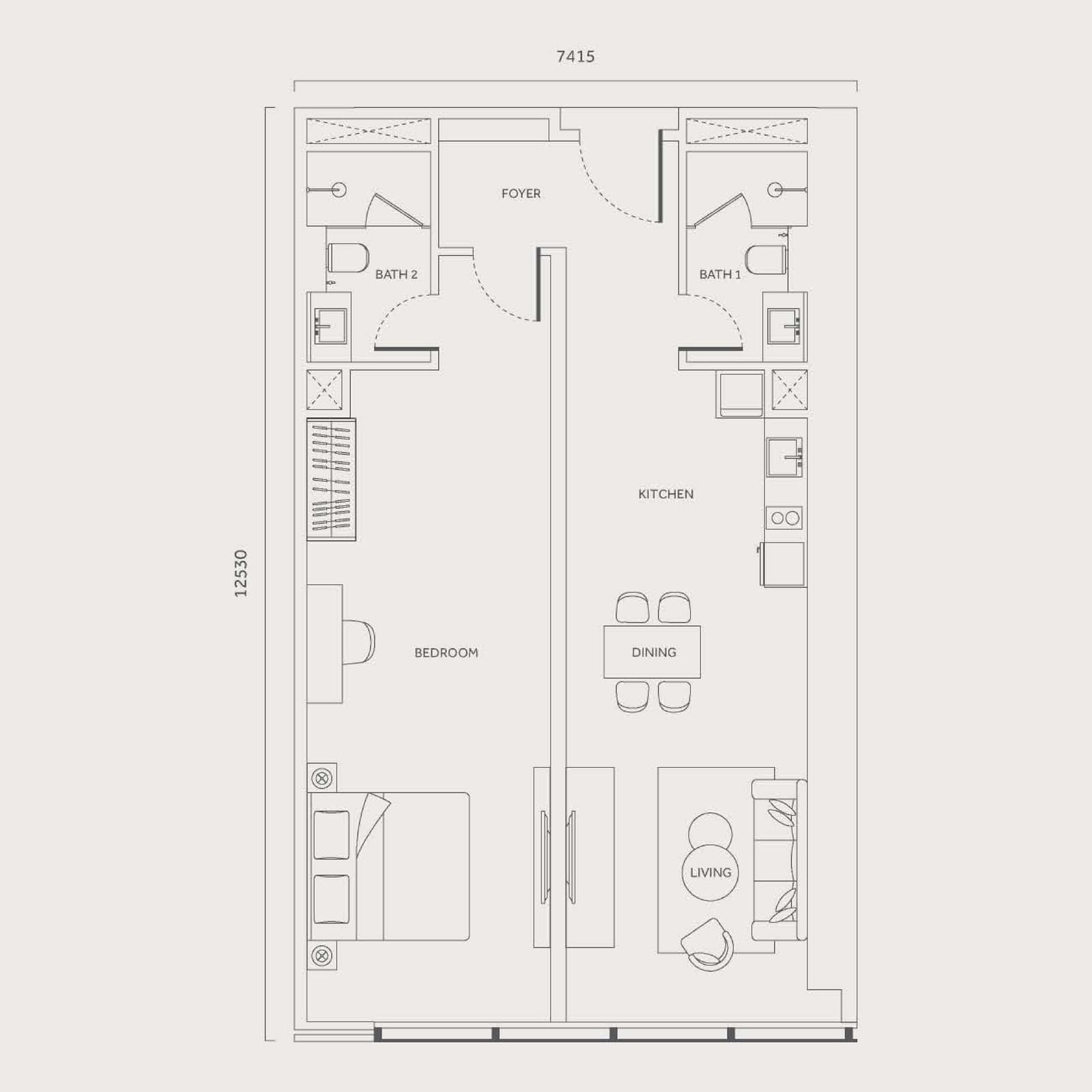 CloutHaus Residences Type J 1 Bedroom · Dual Aspect floor plan — 1,001 sq ft, 1 bedroom · 2 bathrooms