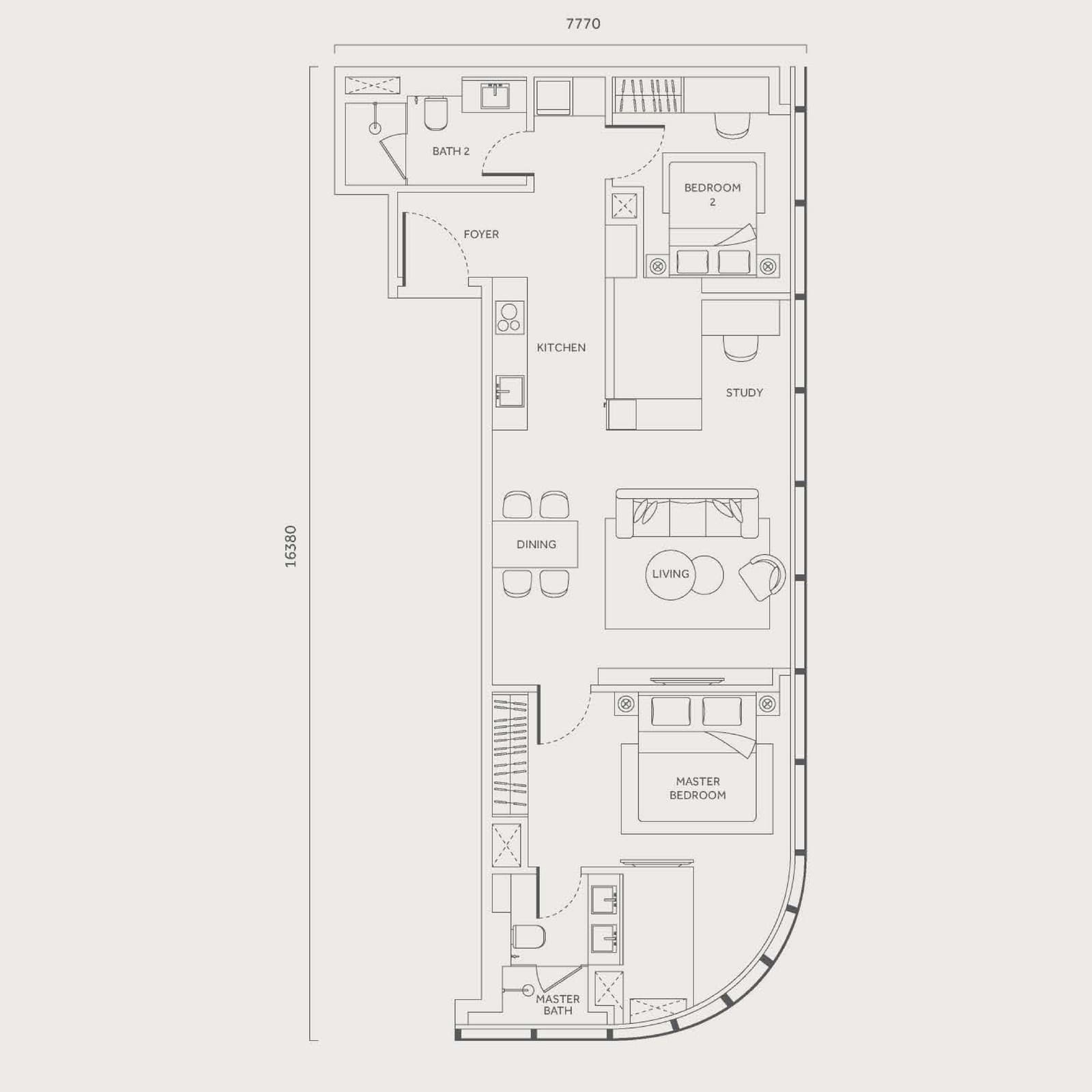 CloutHaus Residences Type L 2 Bedrooms + Study floor plan — 980 sq ft, 2 bedrooms · 2 bathrooms · study