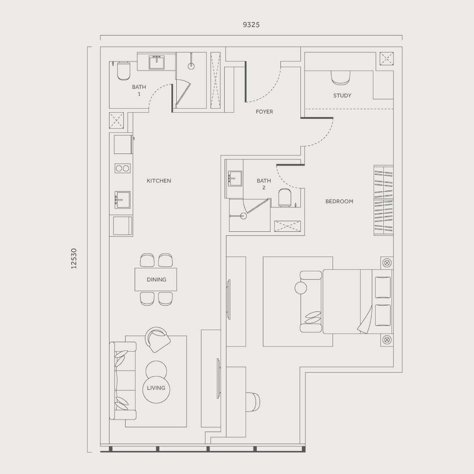 CloutHaus Residences Type M 1 Bedroom · Dual Aspect floor plan — 1,173 sq ft, 1 bedroom · 2 bathrooms