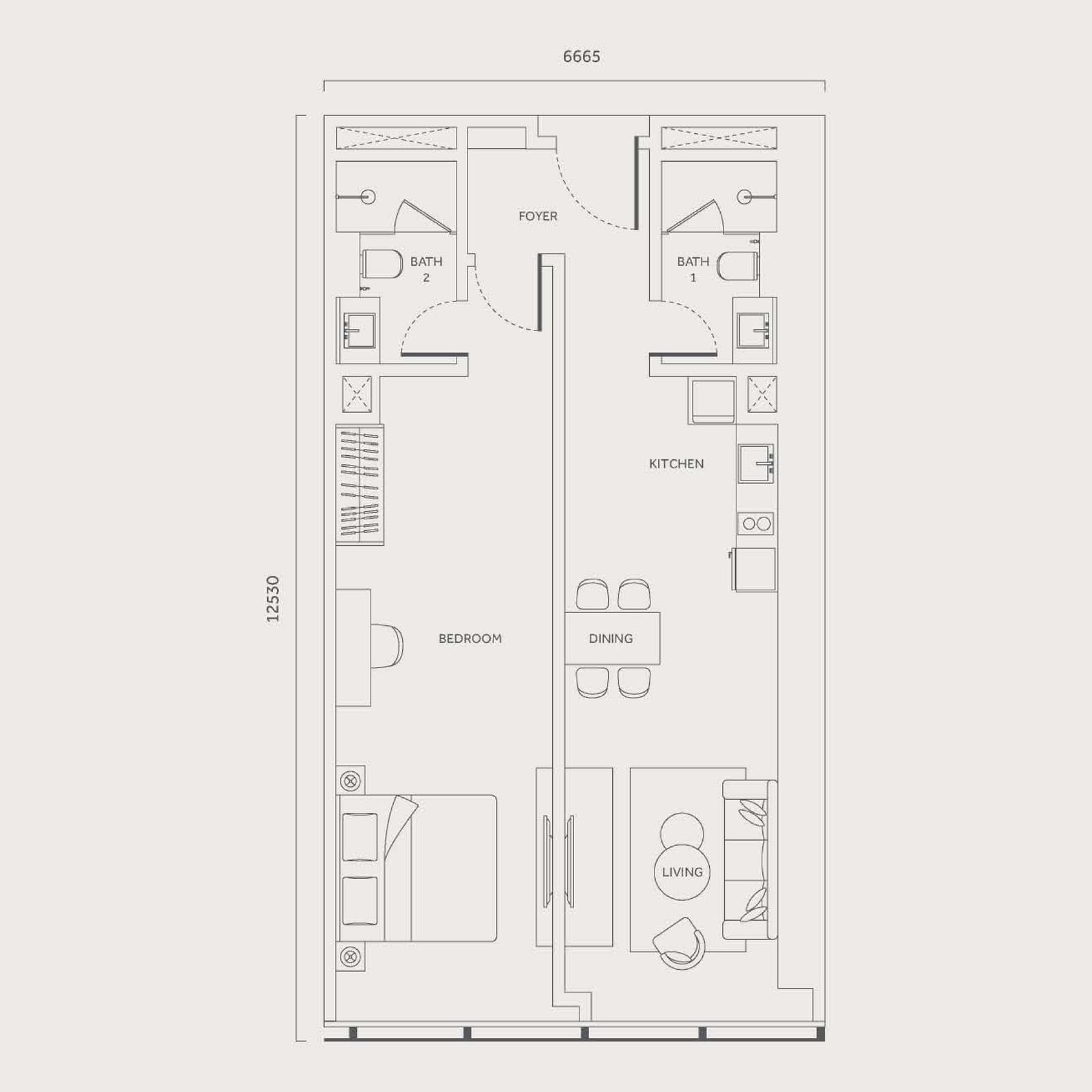 CloutHaus Residences Type N 1 Bedroom · Dual Aspect floor plan — 893 sq ft, 1 bedroom · 2 bathrooms