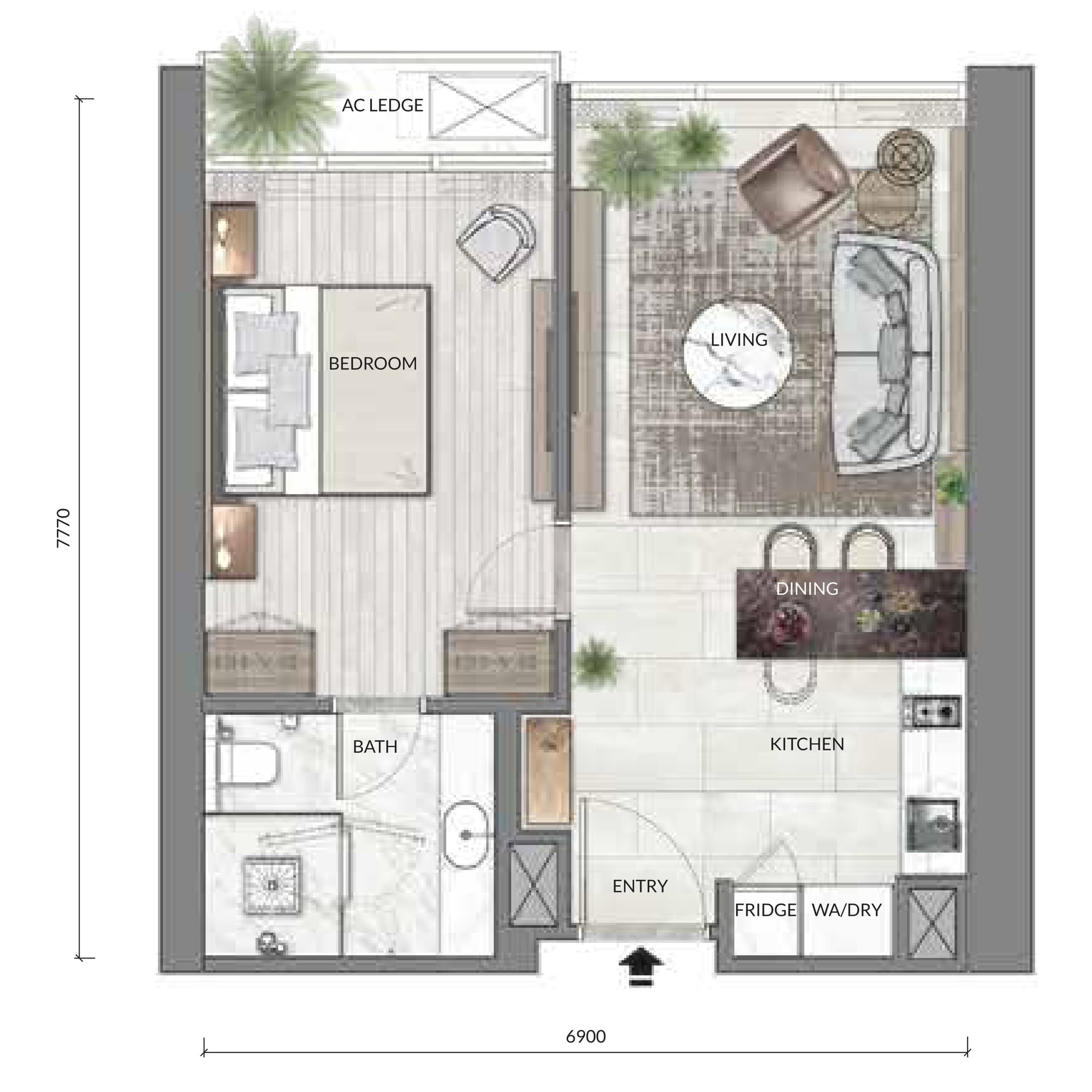 Core Residence @ TRX Type A1 Smart Suite floor plan — 624 sq ft, 1 bedroom · 1 bathroom · 1 car park