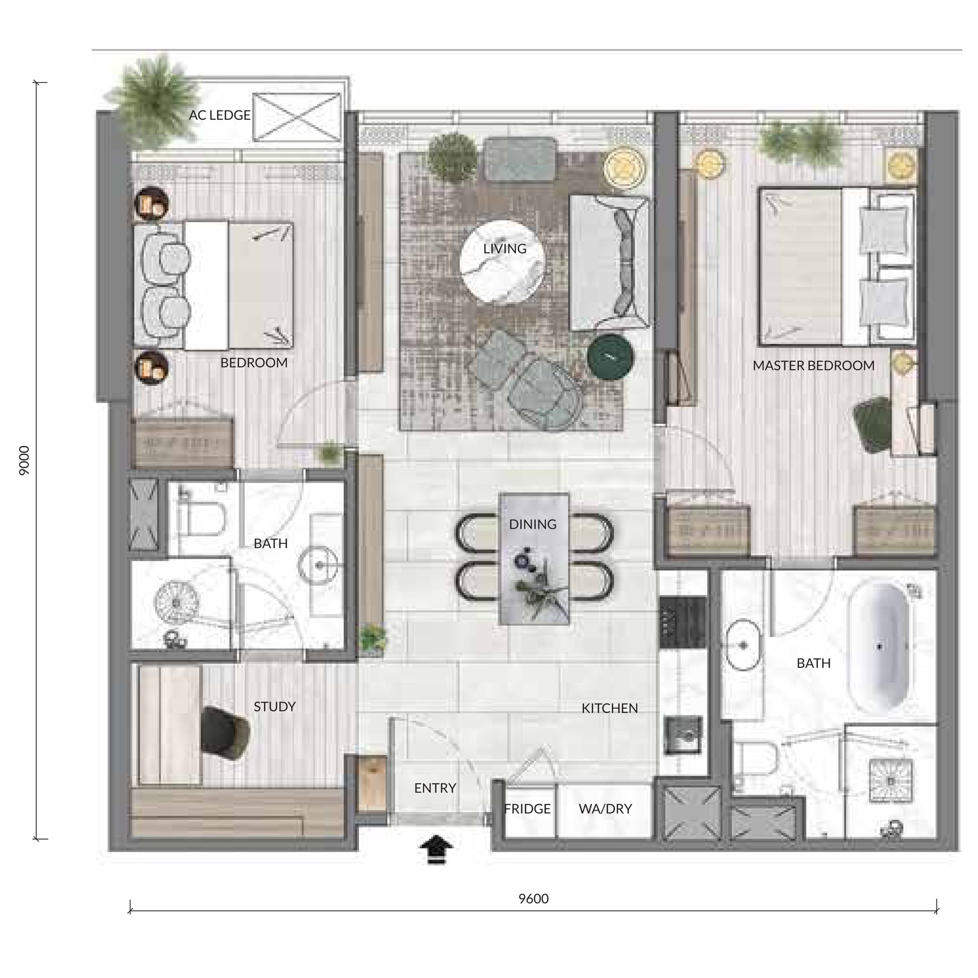 Core Residence @ TRX Type B3 Elite Suite floor plan — 925 sq ft, 2+1 bedrooms · 2 bathrooms · 1 car park