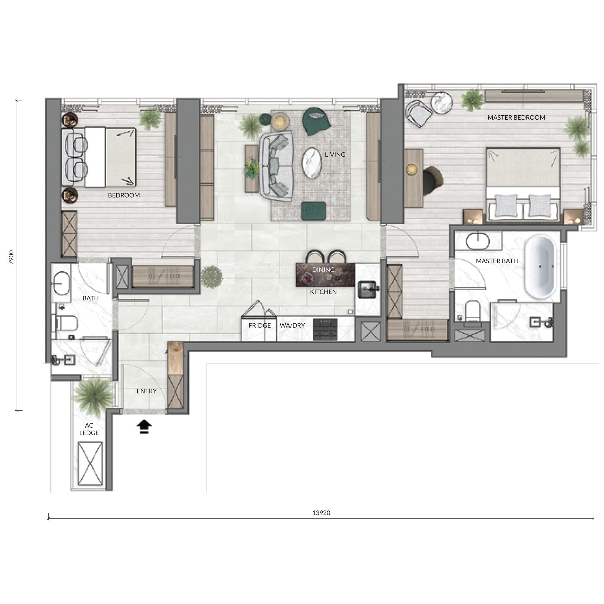 Core Residence @ TRX Type B4 City Suite floor plan — 1,011 sq ft, 2 bedrooms · 2 bathrooms · 1 car park