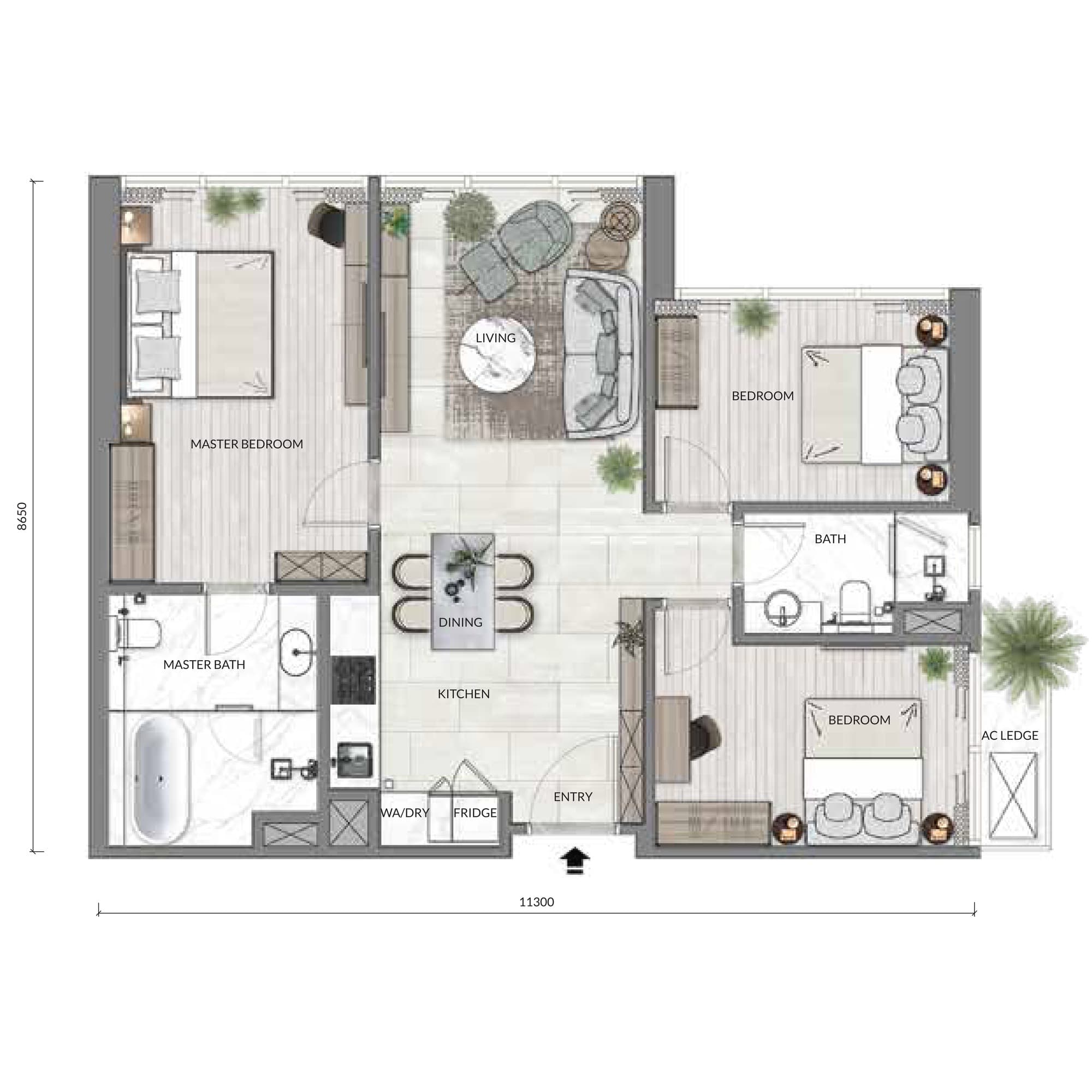 Core Residence @ TRX Type C1 Comfort Suite floor plan — 1,022 sq ft, 3 bedrooms · 2 bathrooms · 1 car park