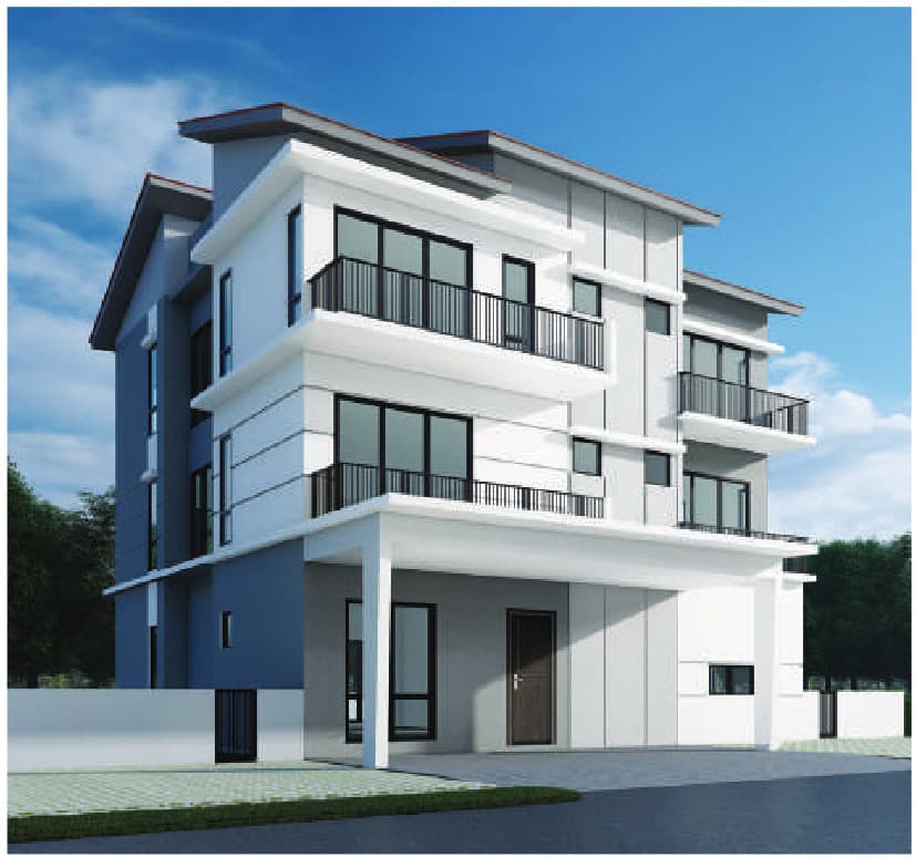 The single three-storey bungalow at Daya Residence, Type E — a detached white and slate house with wraparound balconies and a covered car porch