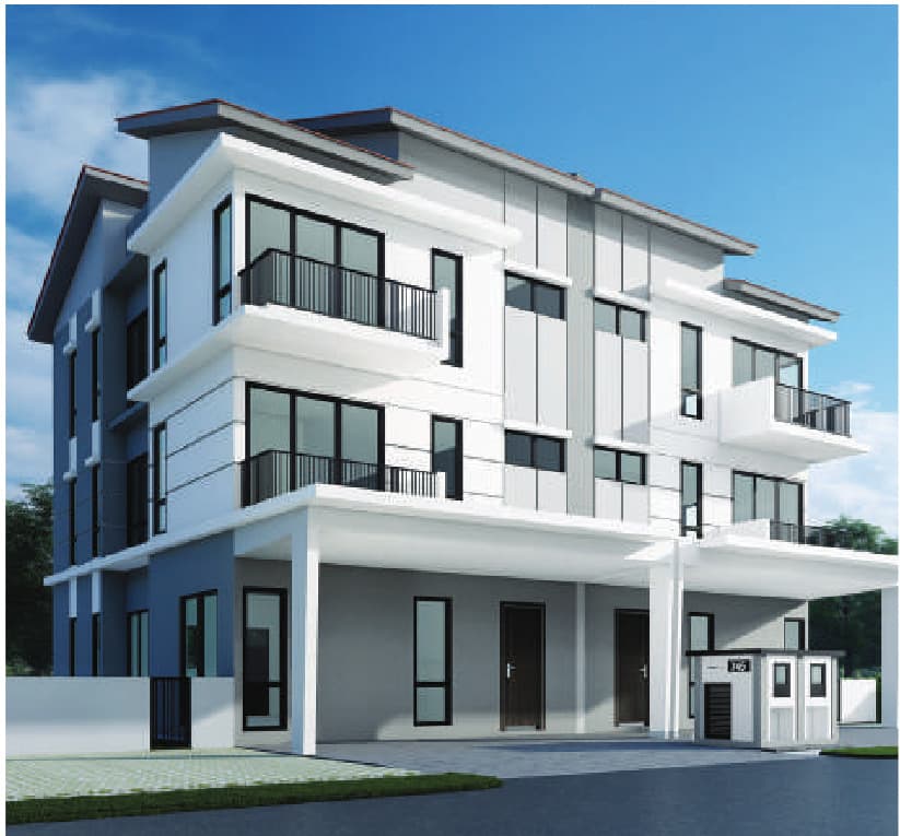 A pair of three-storey semi-detached homes at Daya Residence — white and slate rendered facades, double car porch under a deep overhang, and balconies on both upper floors