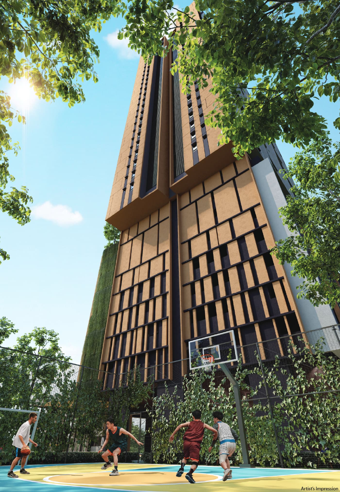 The Ripple Court at D'Evia Residences — a basketball and futsal shooting court at ground level, enclosed by planting and netting, with the tower rising directly above it