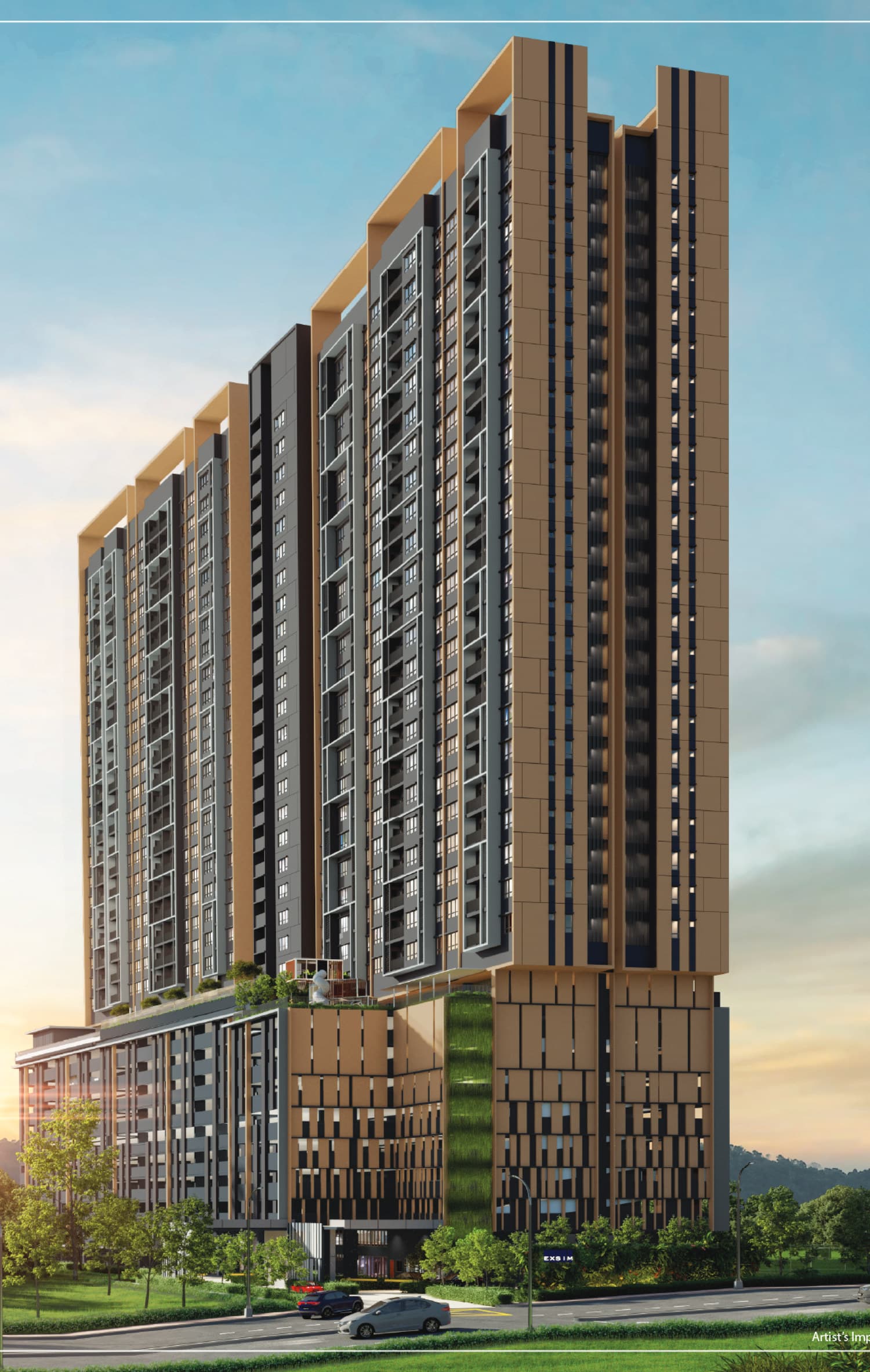 The D'Evia Residences tower at sunset, seen from Jalan Sungai Buloh — the timber-toned facade stepping up above the podium, with the vertical garden and the retail frontage at street level
