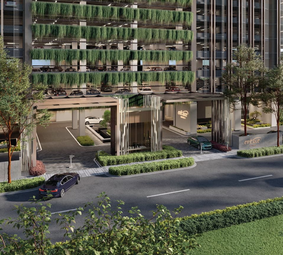 The Enlace Suites II drop-off, with planting spilling over the edge of the car park levels above