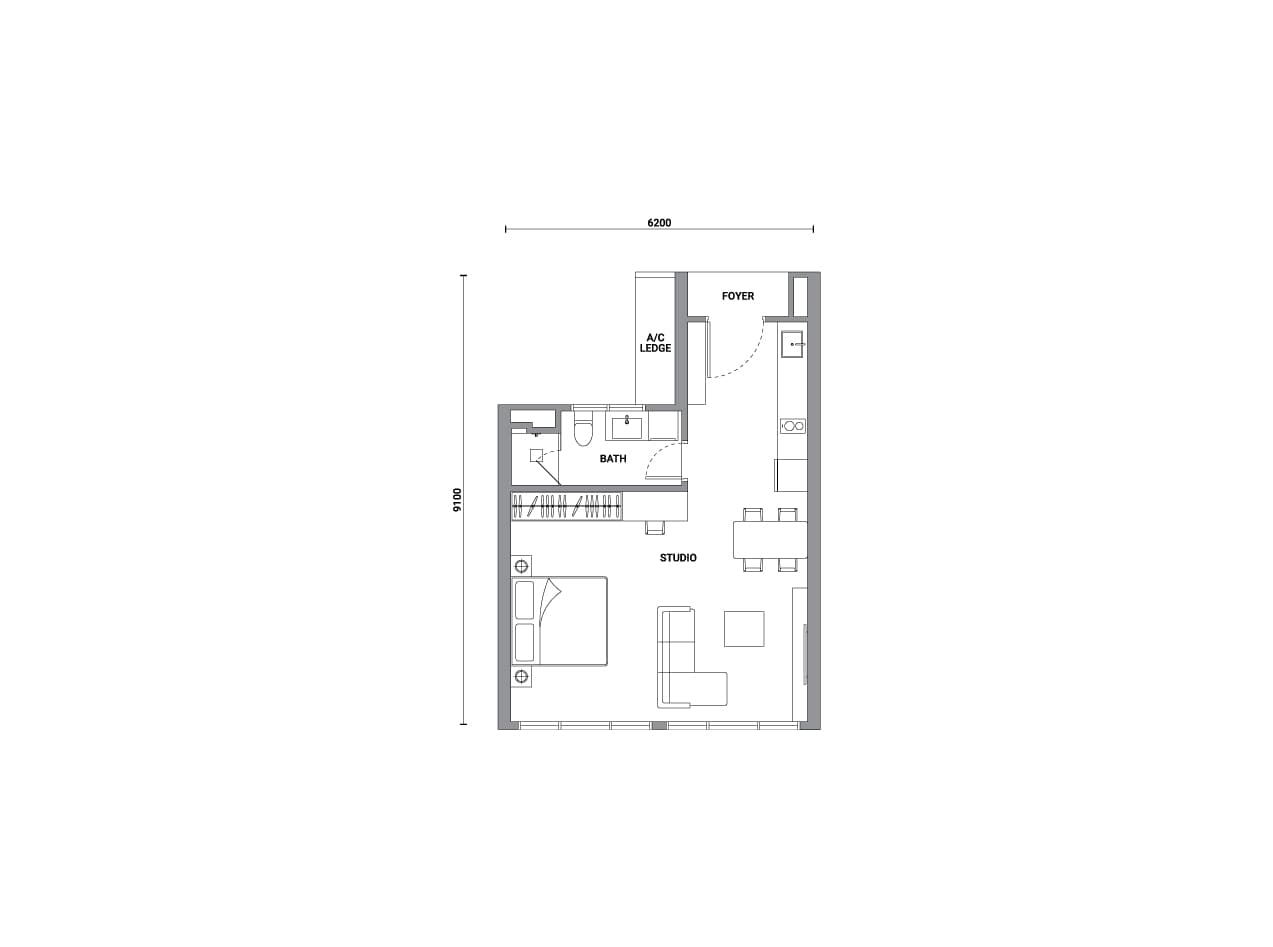 Enlace Suites 2 Type A floor plan — 506 sq ft, Studio · 1 bathroom