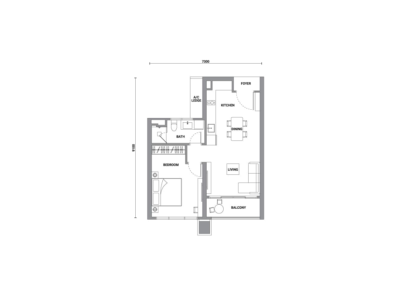 Enlace Suites 2 Type B floor plan — 613 sq ft, 1 bedroom · 1 bathroom