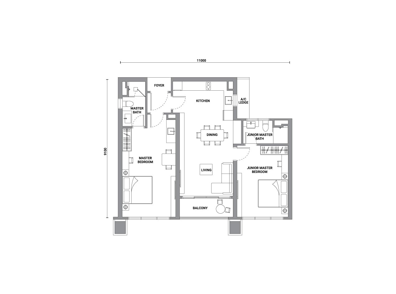 Enlace Suites 2 Type C2 floor plan — 979 sq ft, 2 bedrooms · 2 bathrooms
